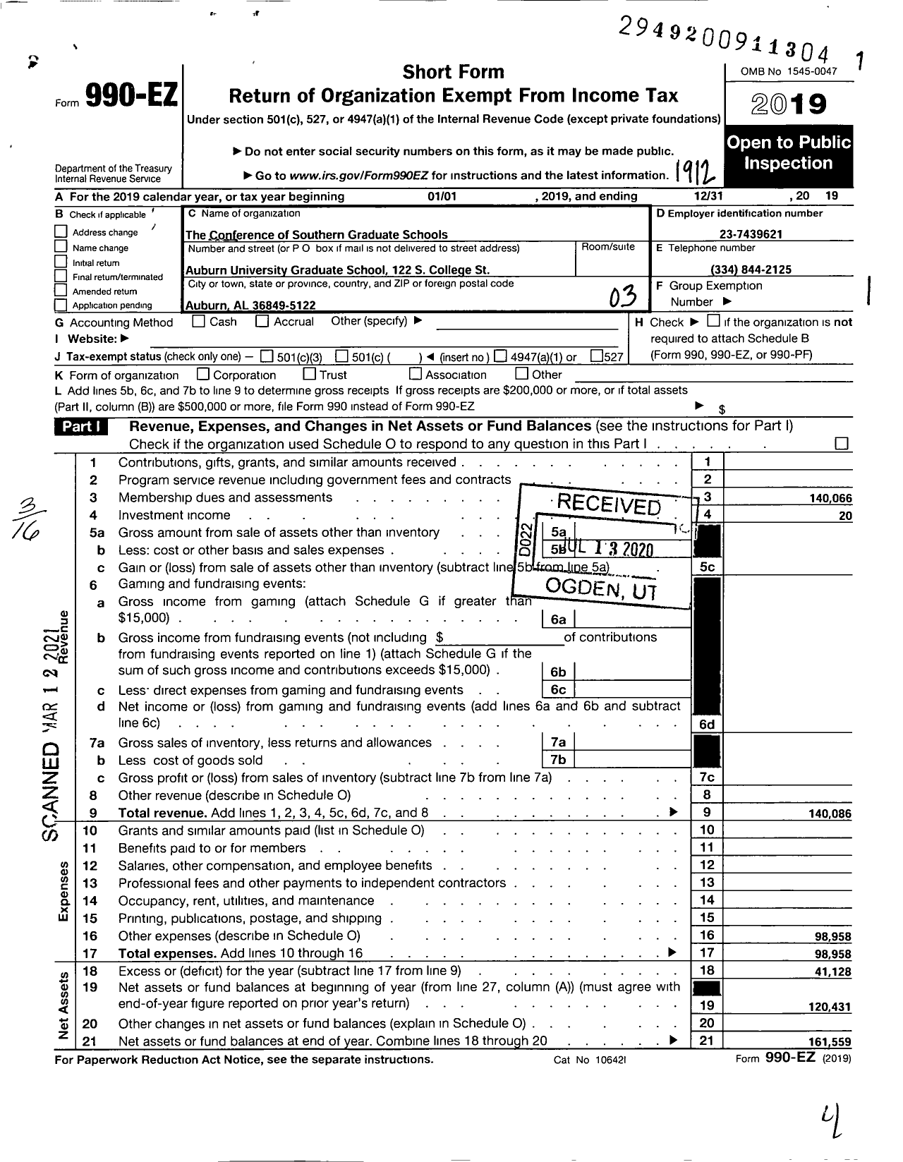 Image of first page of 2019 Form 990EZ for The Conference of Southern Graduate Schools