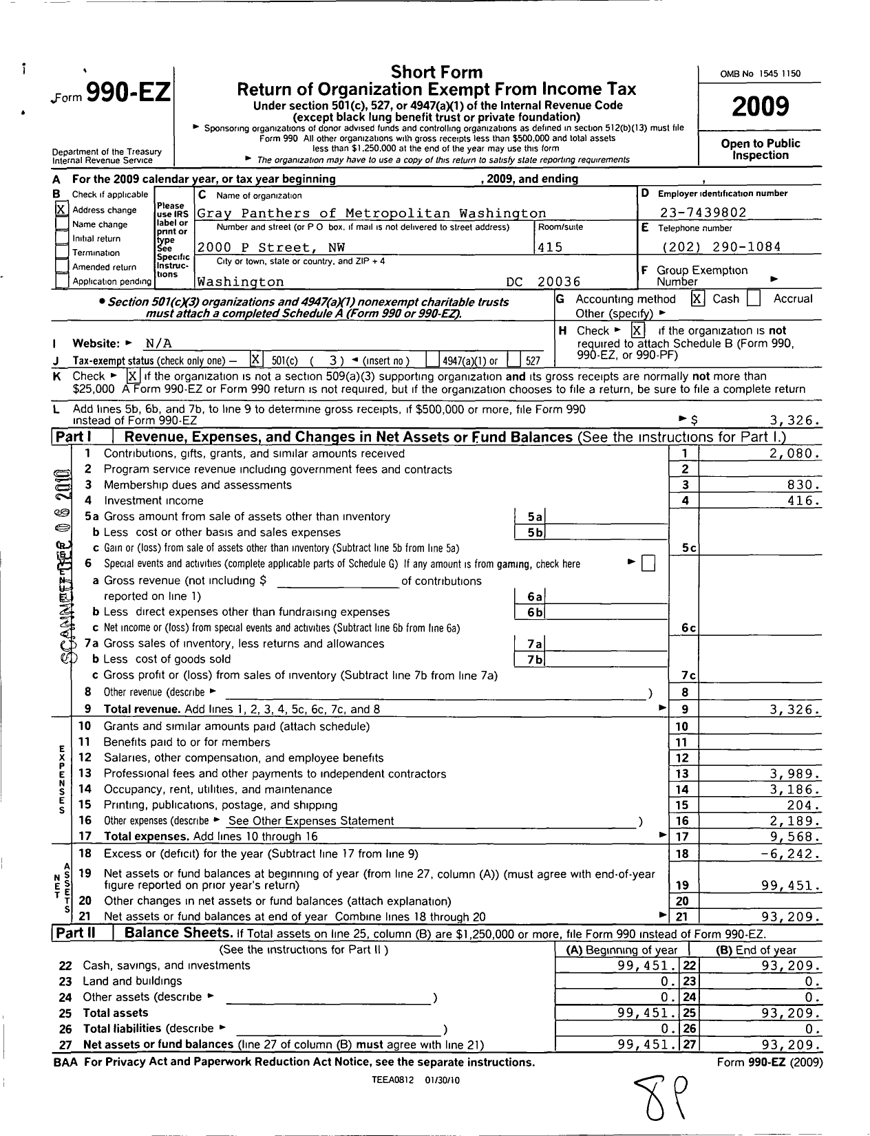 Image of first page of 2009 Form 990EZ for Gray Panthers of Metropolitan Washington