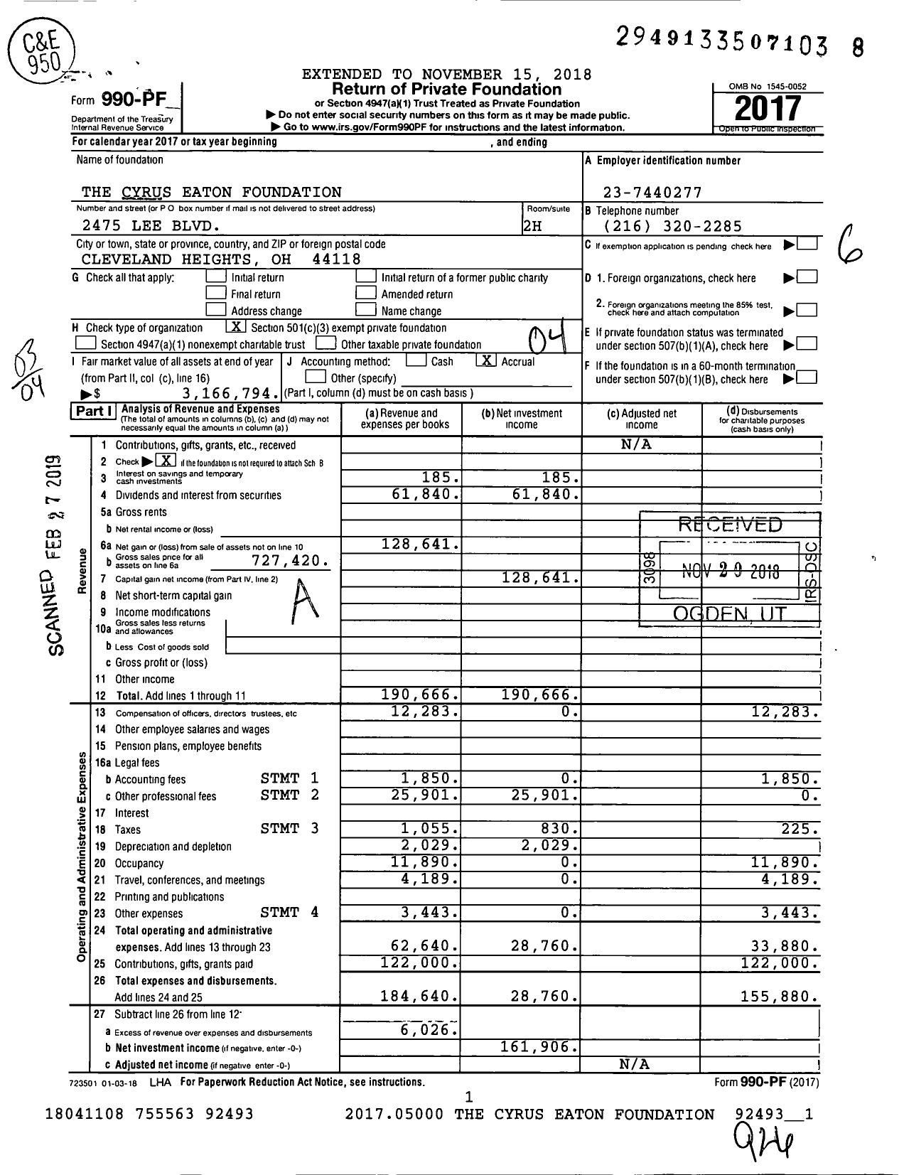 Image of first page of 2017 Form 990PF for The Cyrus Eaton Foundation