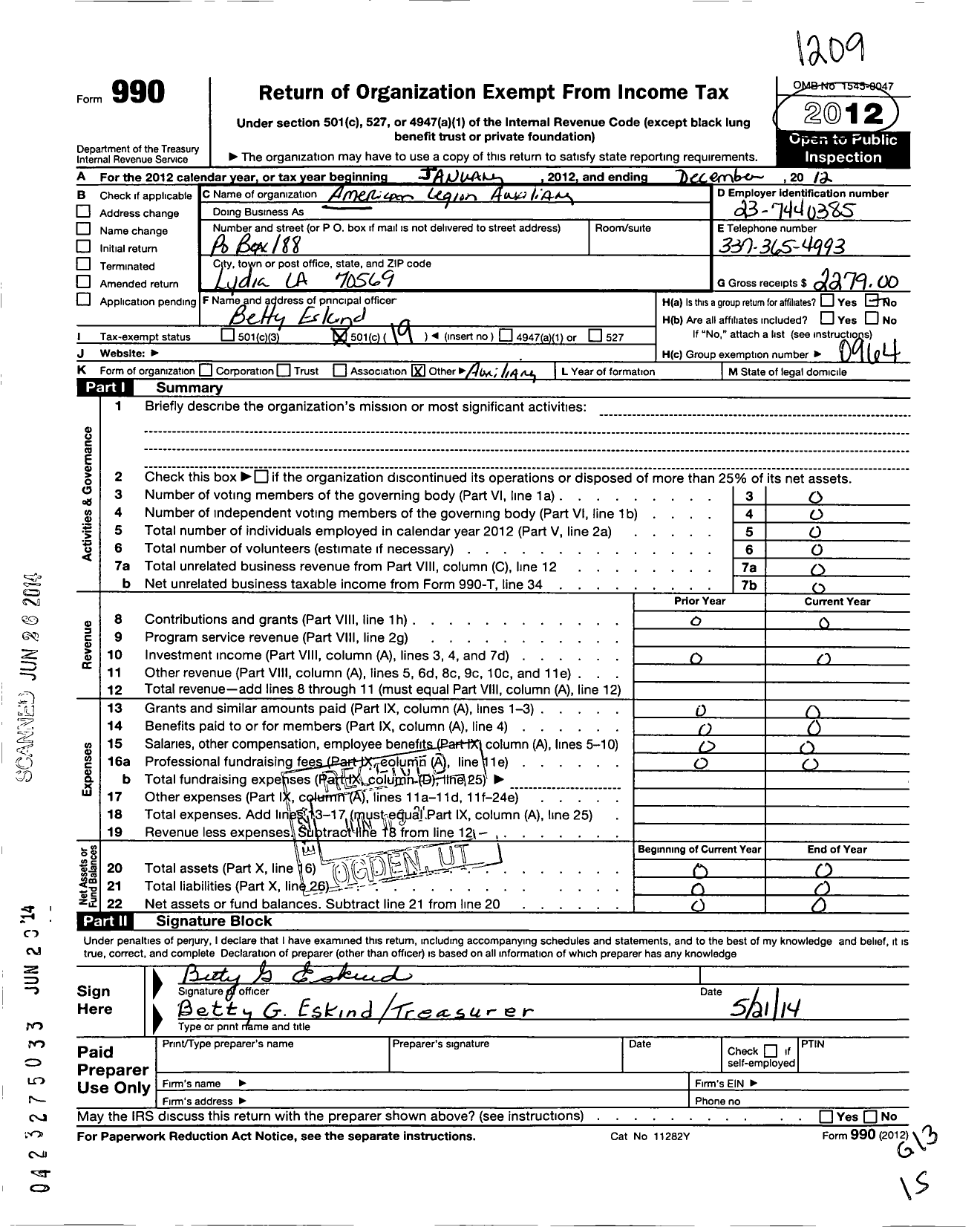 Image of first page of 2011 Form 990O for American Legion Auxiliary - 365 Julius Boutte