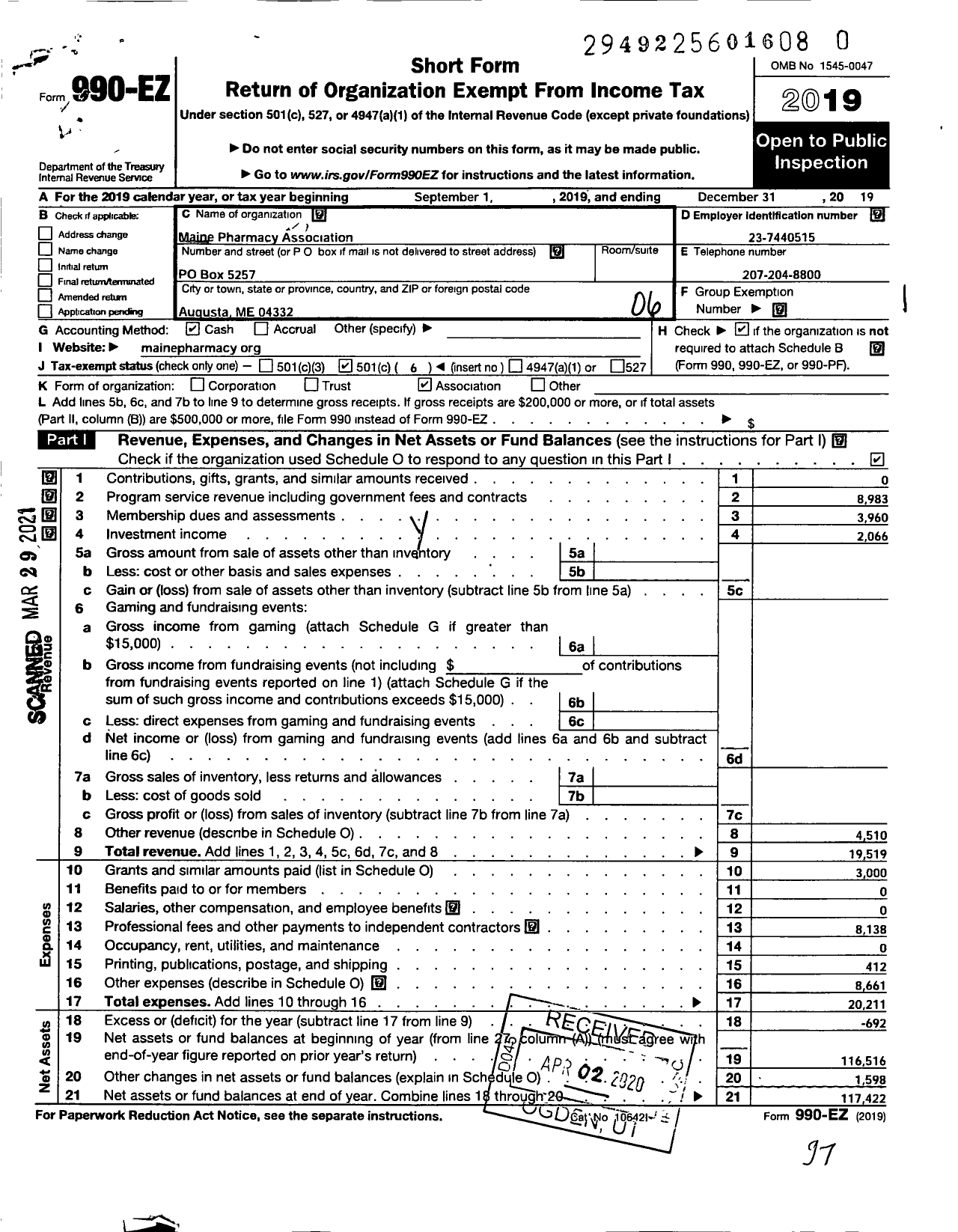 Image of first page of 2019 Form 990EO for Maine Pharmaceutical Association