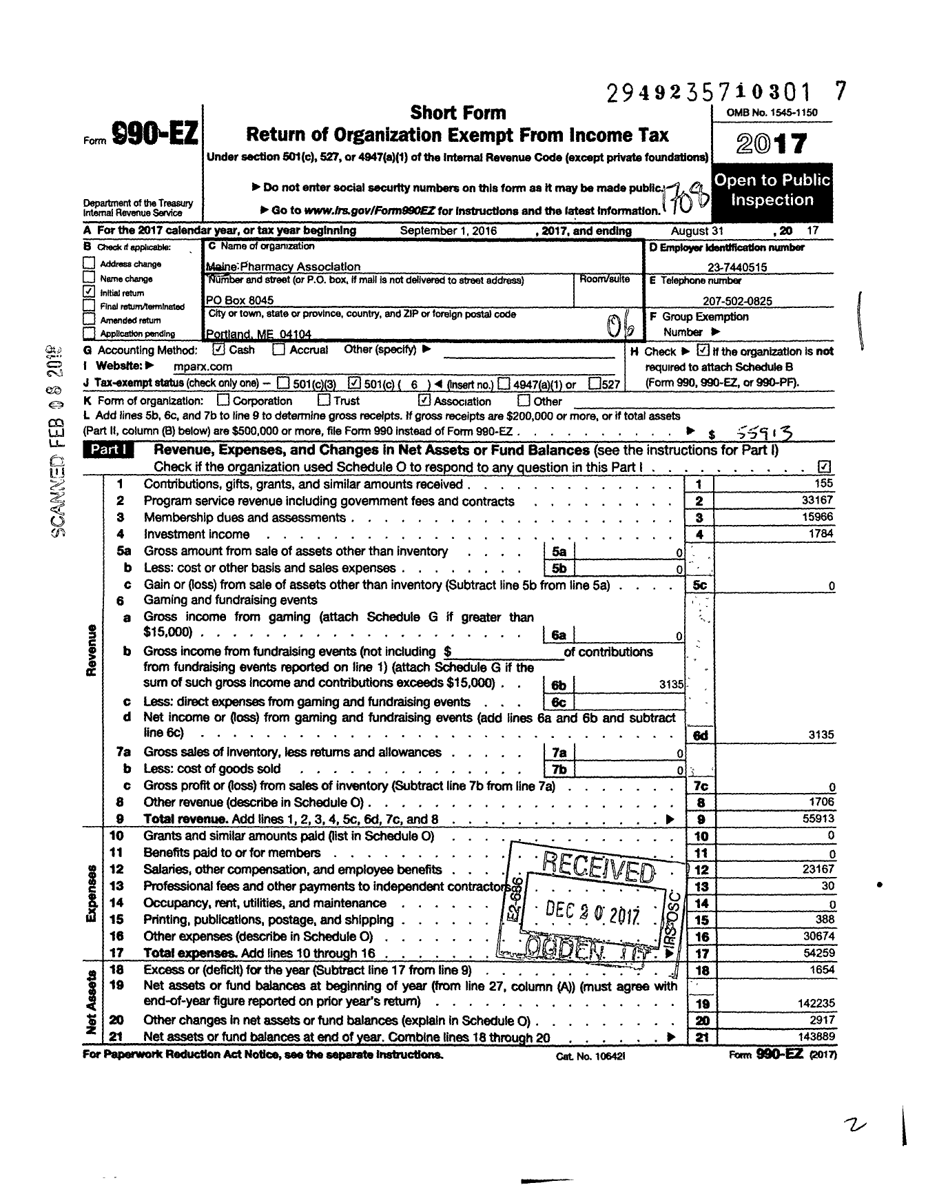 Image of first page of 2016 Form 990EO for Maine Pharmaceutical Association