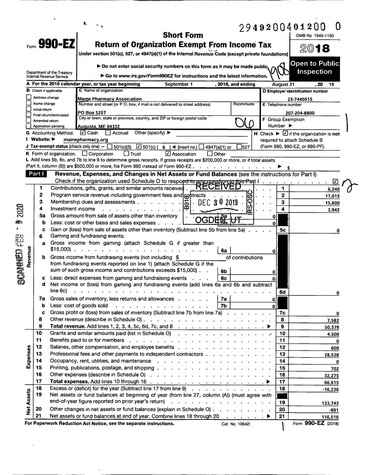 Image of first page of 2018 Form 990EO for Maine Pharmaceutical Association