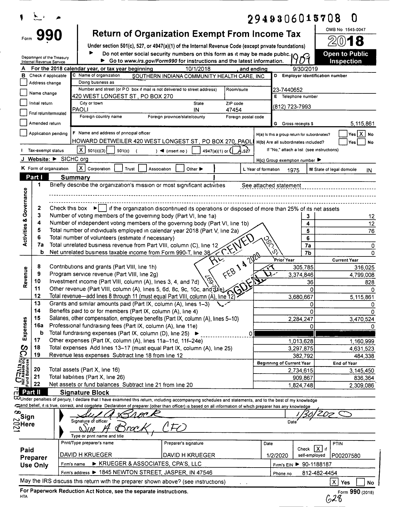 Image of first page of 2018 Form 990 for Southern Indiana Community Health Care