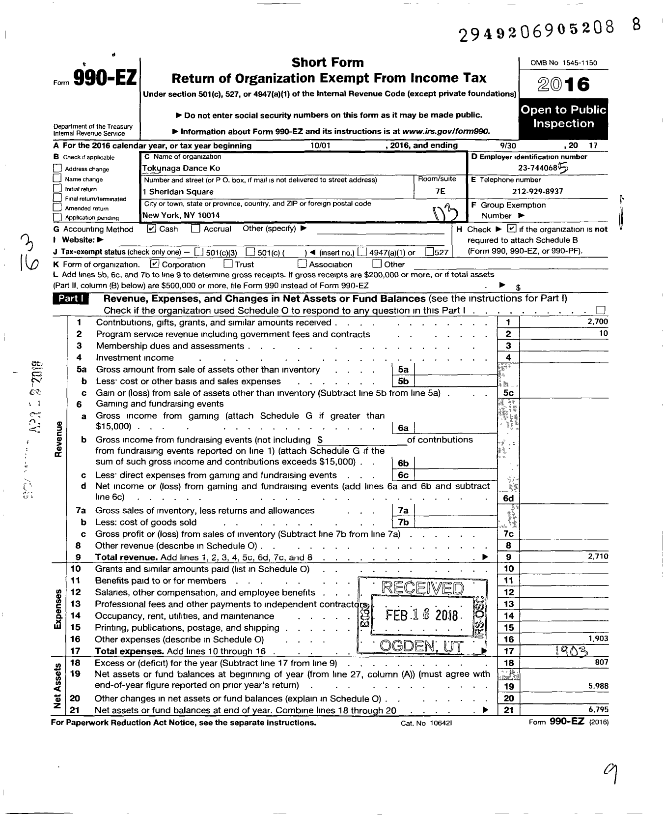 Image of first page of 2016 Form 990EZ for Tokunaga Dance Ko