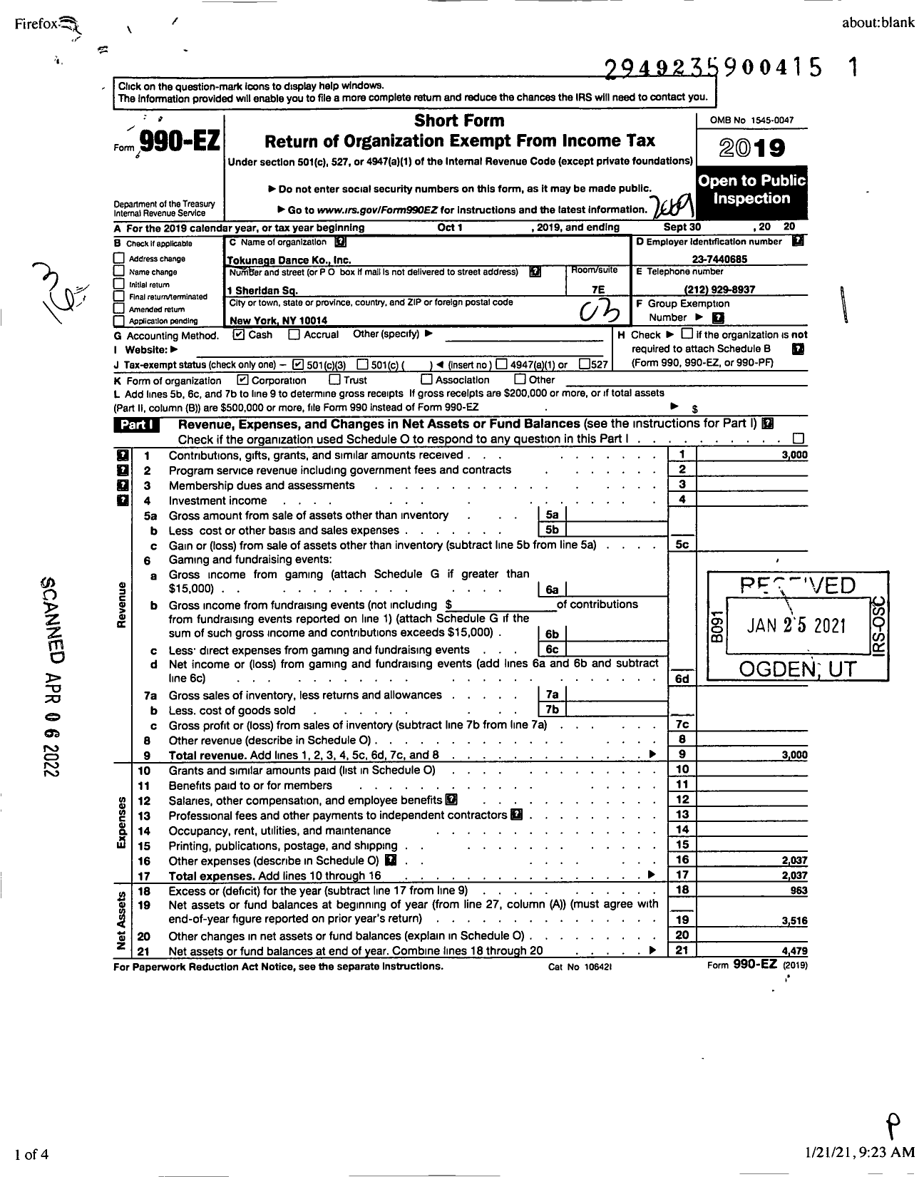 Image of first page of 2019 Form 990EZ for Tokunaga Dance Ko