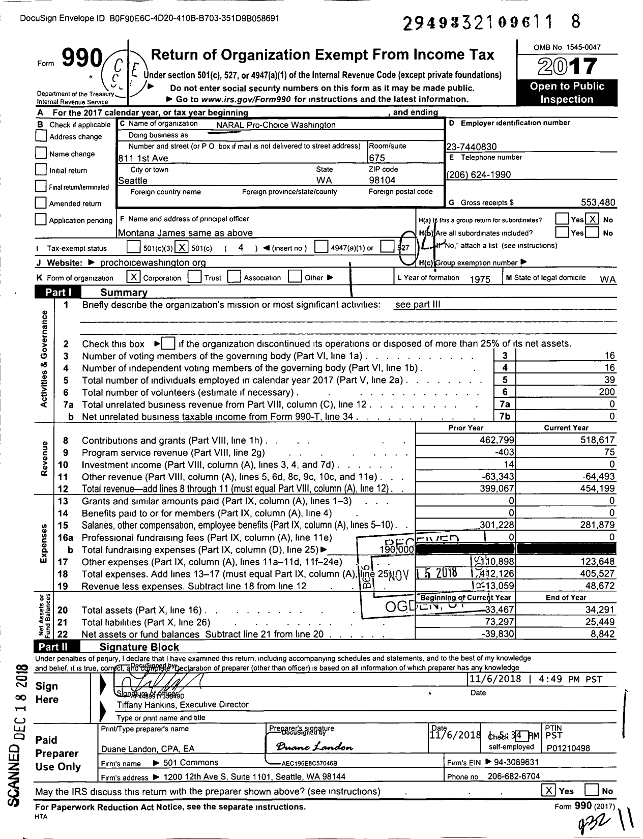 Image of first page of 2017 Form 990O for Pro-Choice Washington