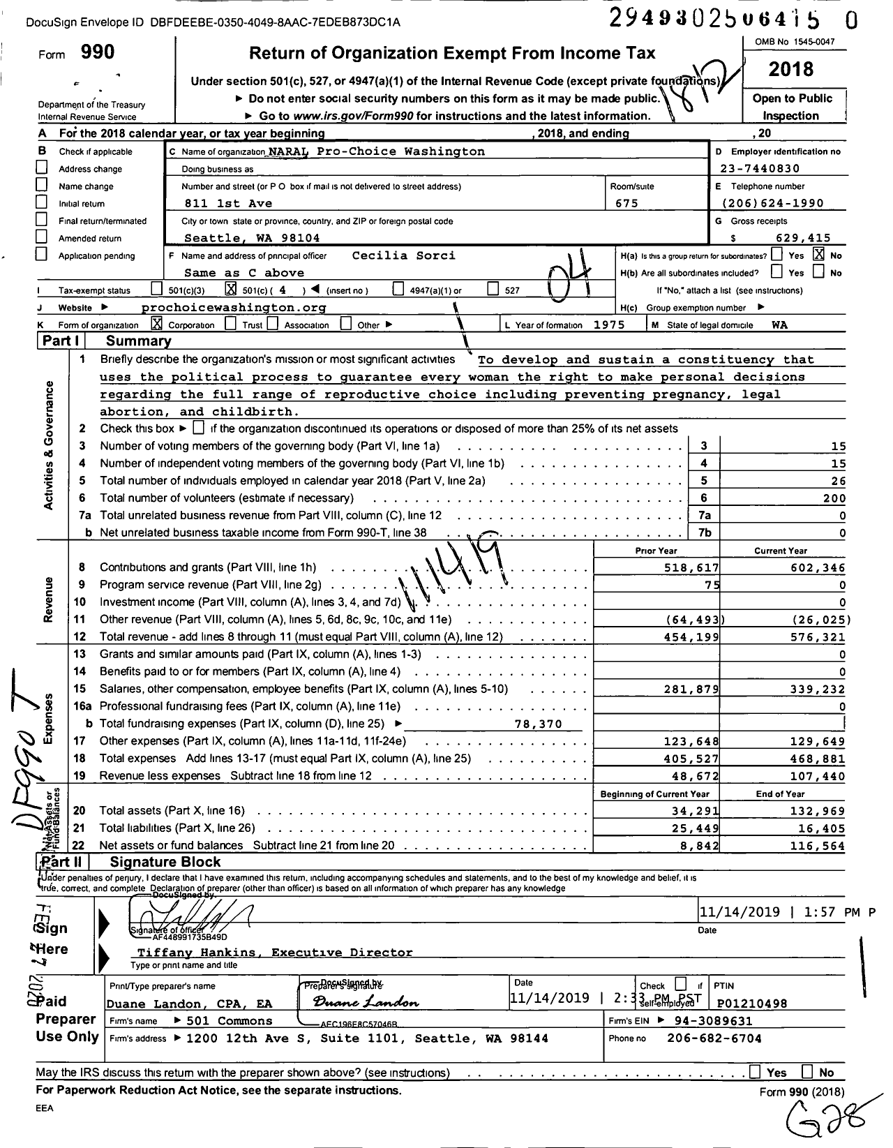 Image of first page of 2018 Form 990O for Pro-Choice Washington