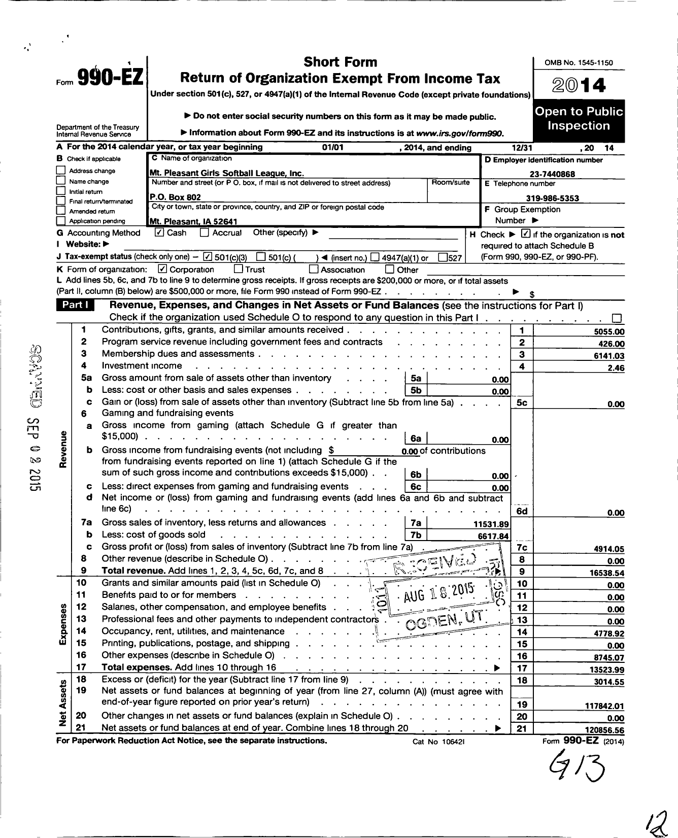 Image of first page of 2014 Form 990EZ for MT Pleasant Girls Softball League