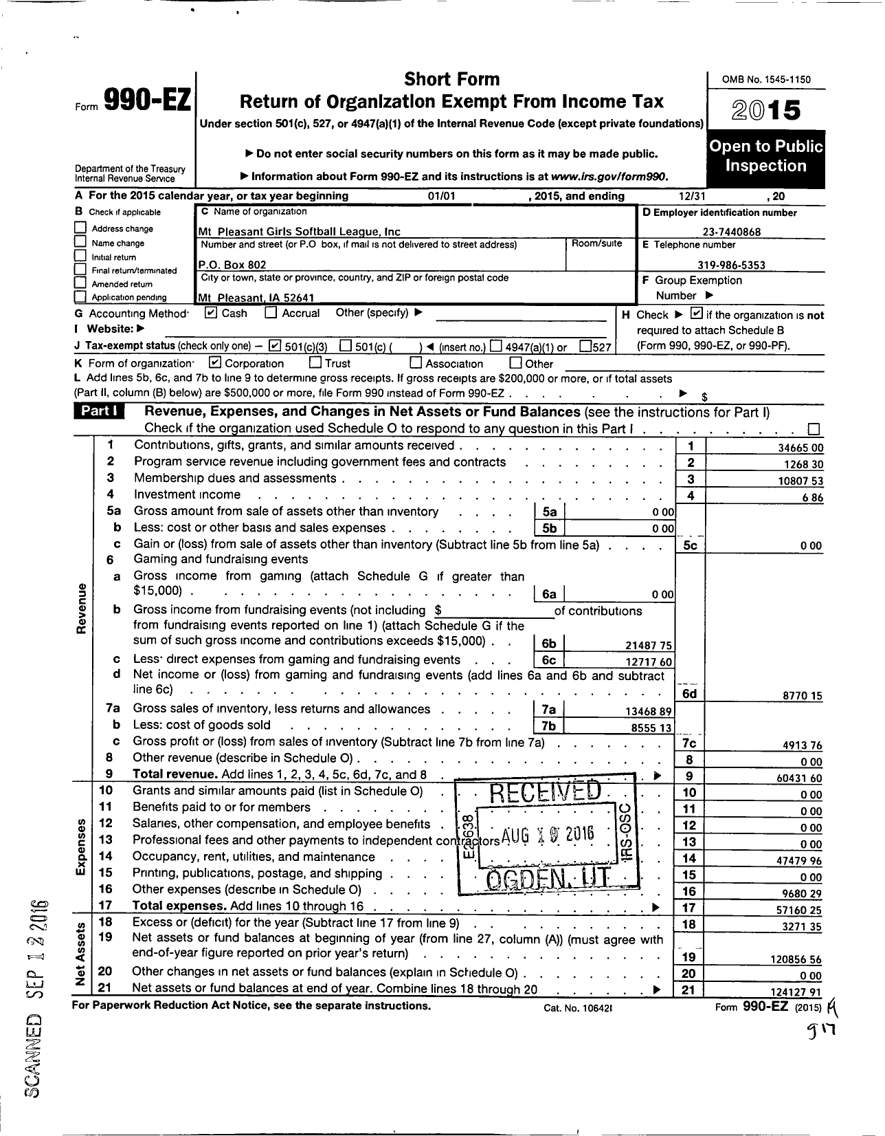 Image of first page of 2015 Form 990EZ for MT Pleasant Girls Softball League