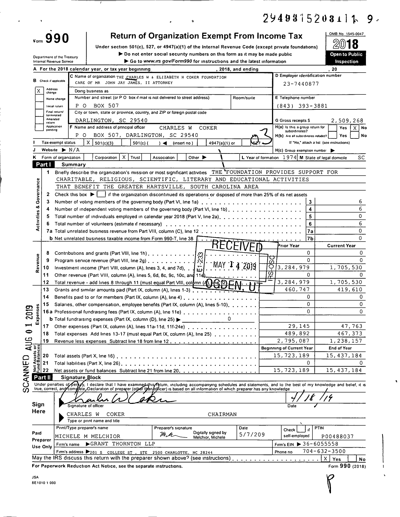 Image of first page of 2018 Form 990 for The Charles W and Elizabeth H Coker Foundation