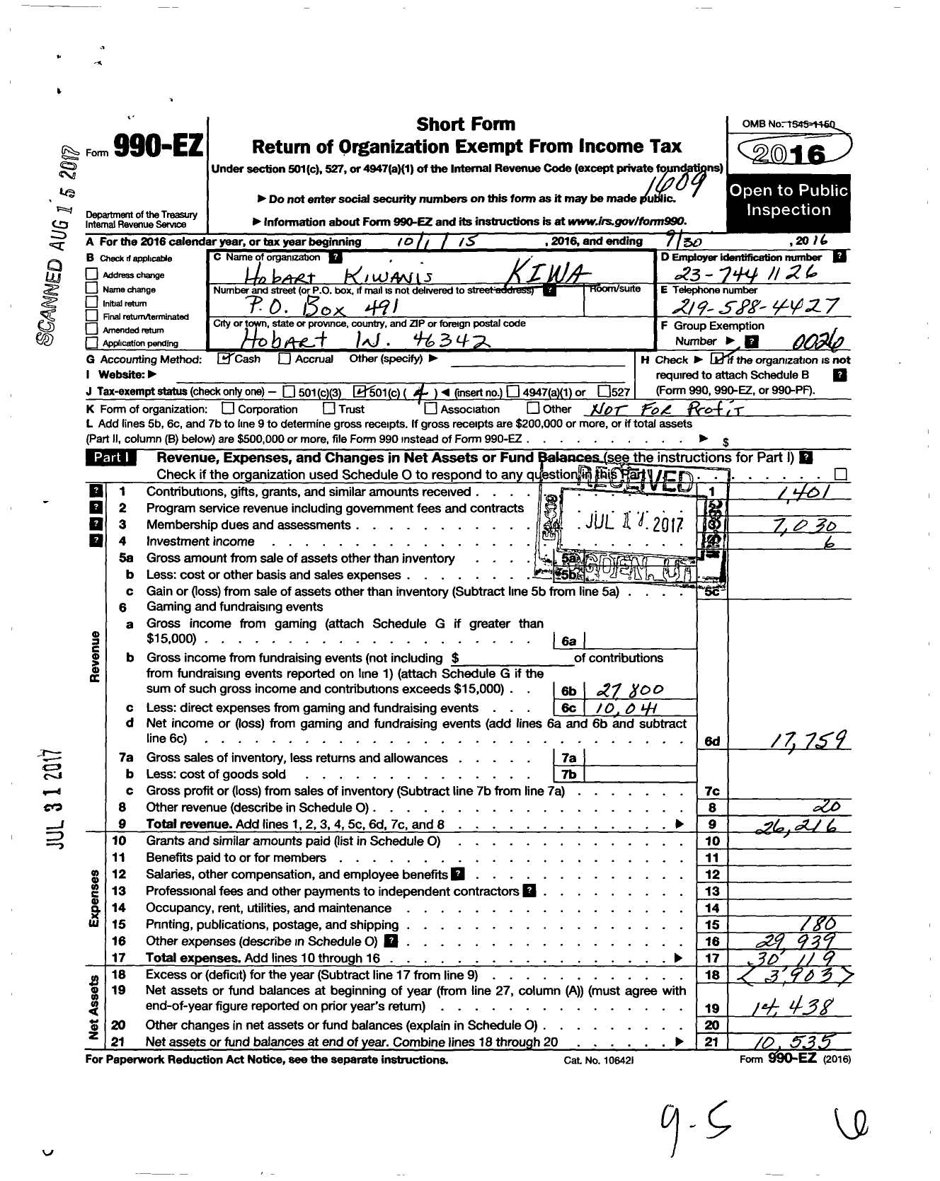 Image of first page of 2015 Form 990EO for Kiwanis International - K07708 Hobart