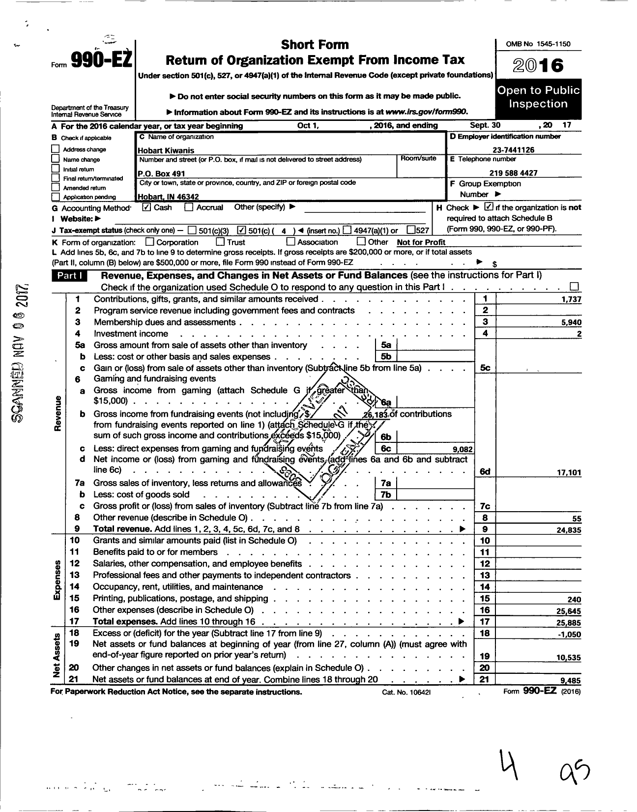 Image of first page of 2016 Form 990EO for Kiwanis International - K07708 Hobart