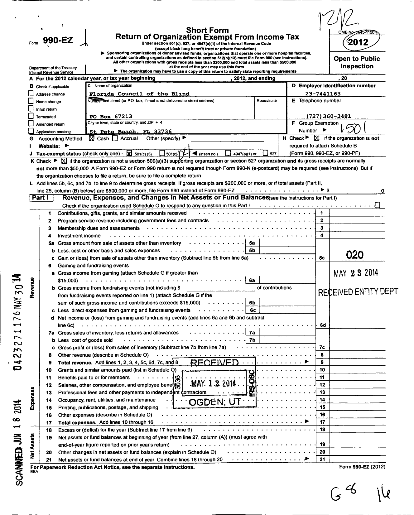 Image of first page of 2012 Form 990EO for Florida Council of the Blind / Pinellas Chapter