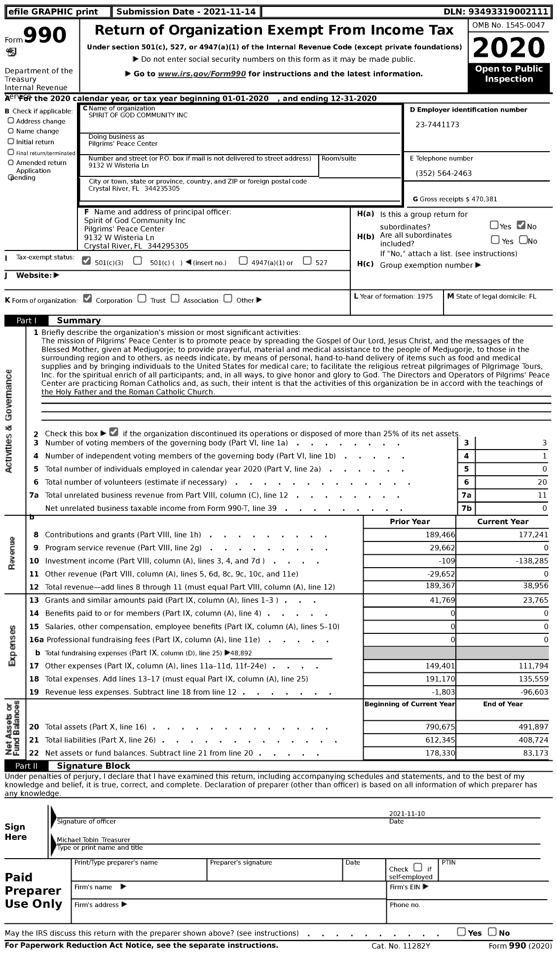 Image of first page of 2020 Form 990 for Pilgrims' Peace Center