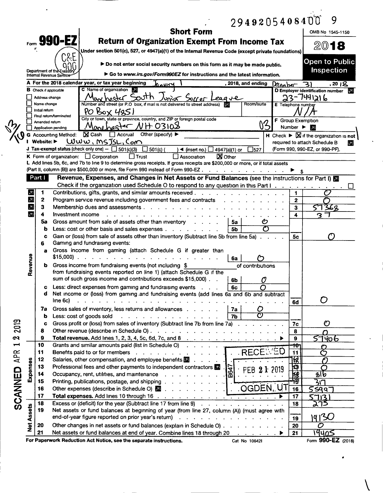 Image of first page of 2018 Form 990EZ for Manchester Junior Soccer League