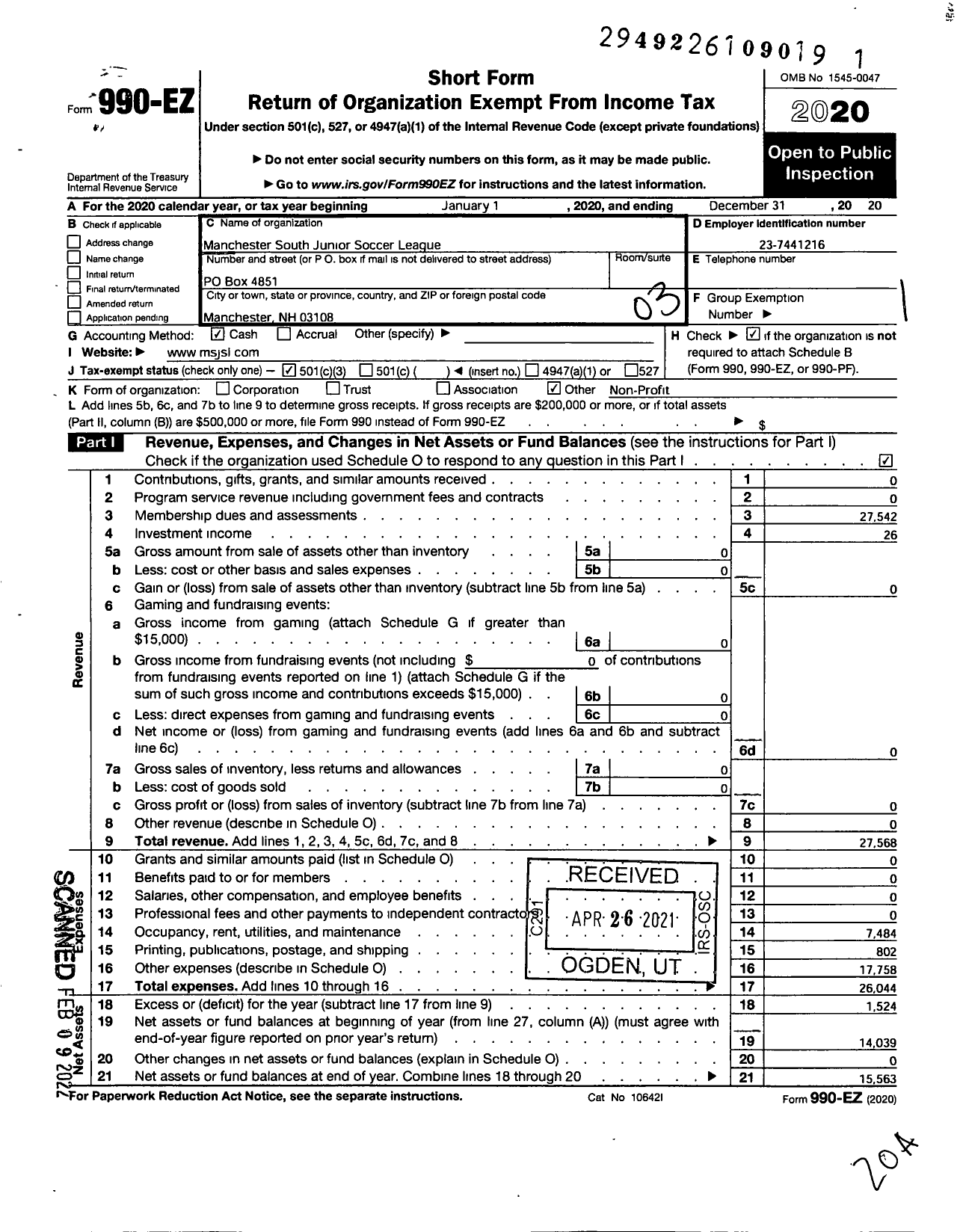 Image of first page of 2020 Form 990EZ for Manchester Junior Soccer League