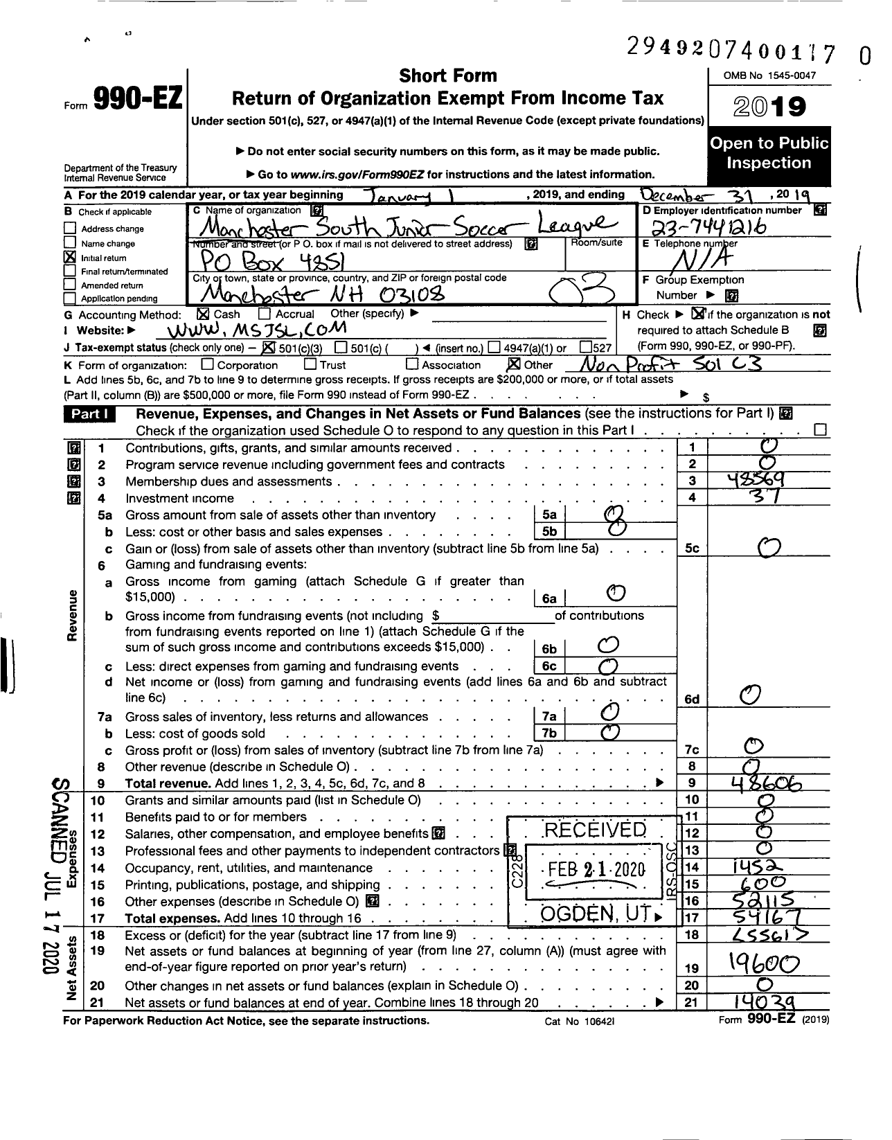 Image of first page of 2019 Form 990EZ for Manchester Junior Soccer League