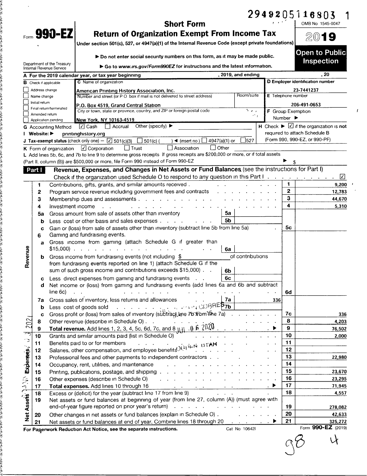 Image of first page of 2019 Form 990EZ for American Printing History Association