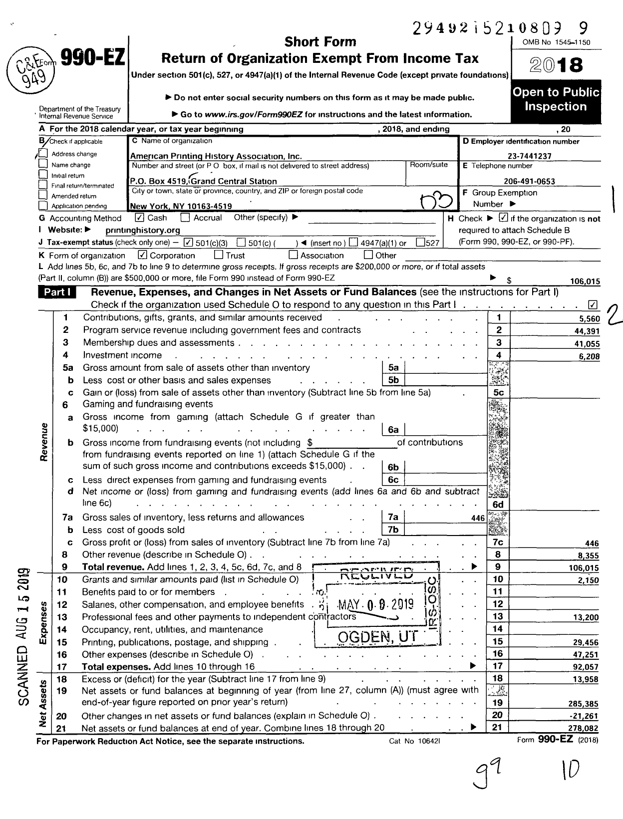 Image of first page of 2018 Form 990EZ for American Printing History Association