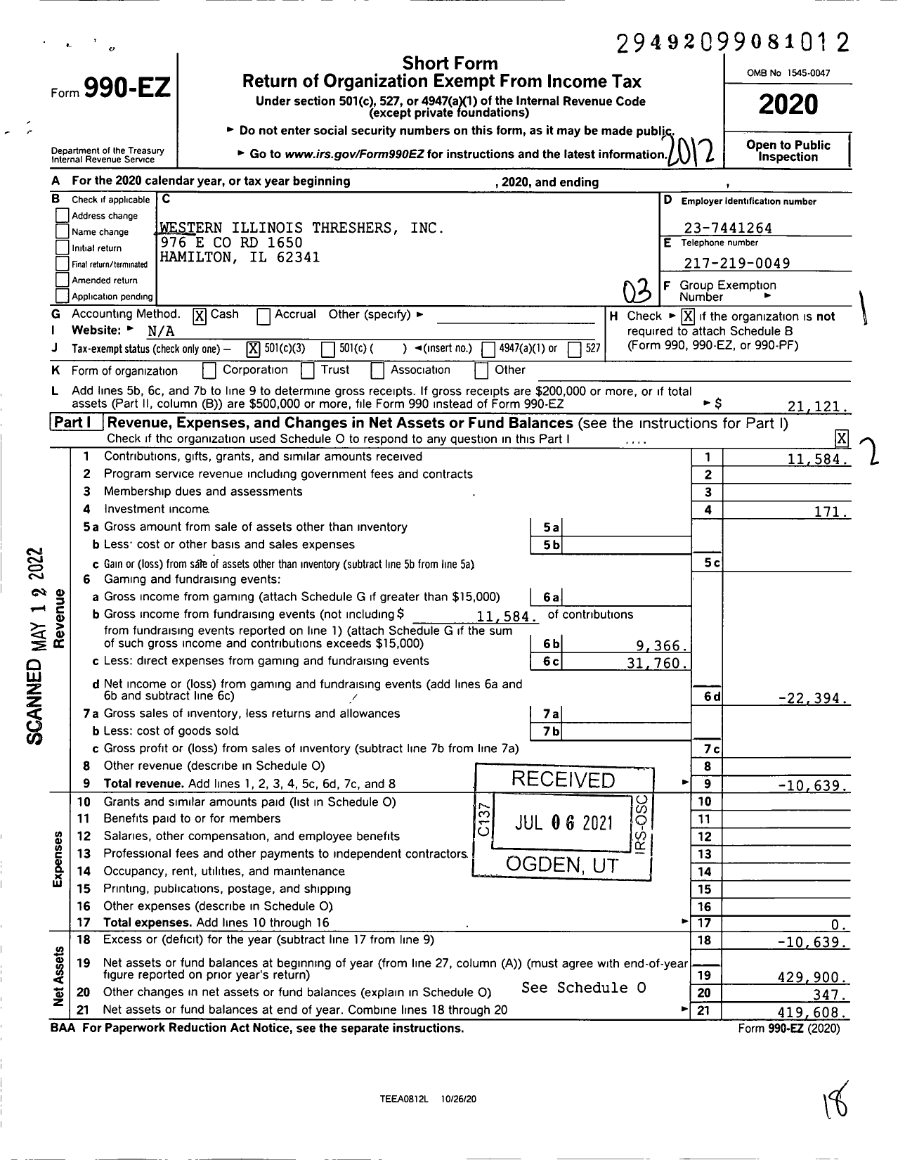 Image of first page of 2020 Form 990EZ for Western Illinois Threshers