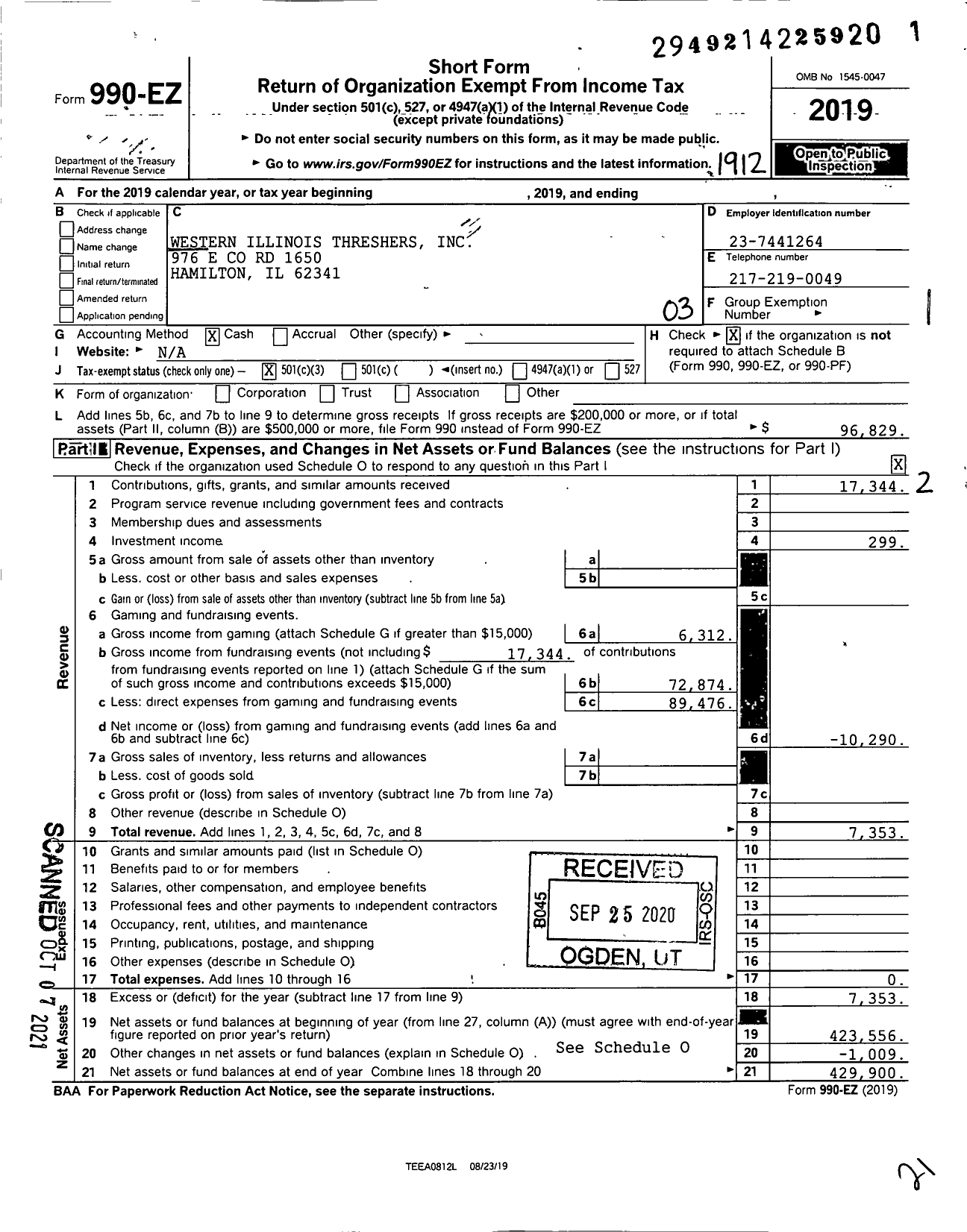 Image of first page of 2019 Form 990EZ for Western Illinois Threshers