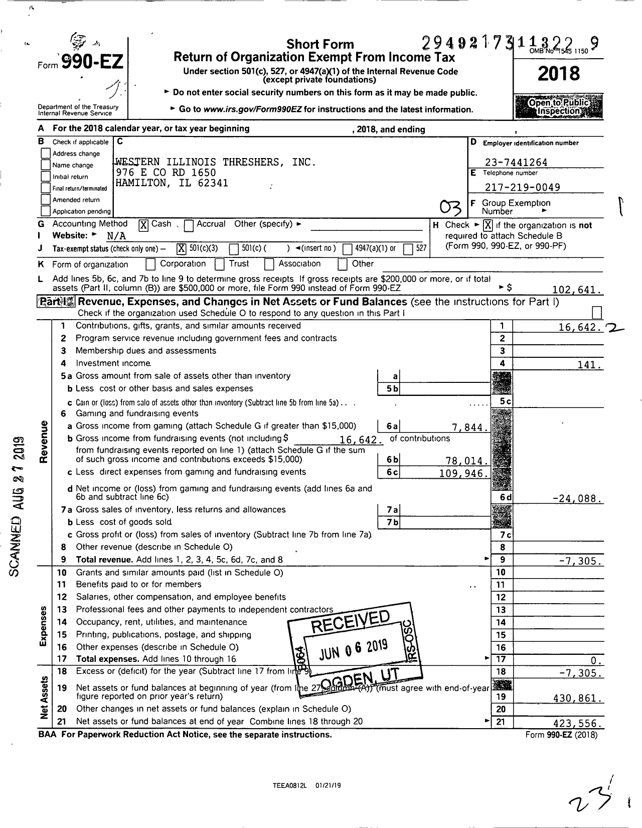 Image of first page of 2018 Form 990EZ for Western Illinois Threshers