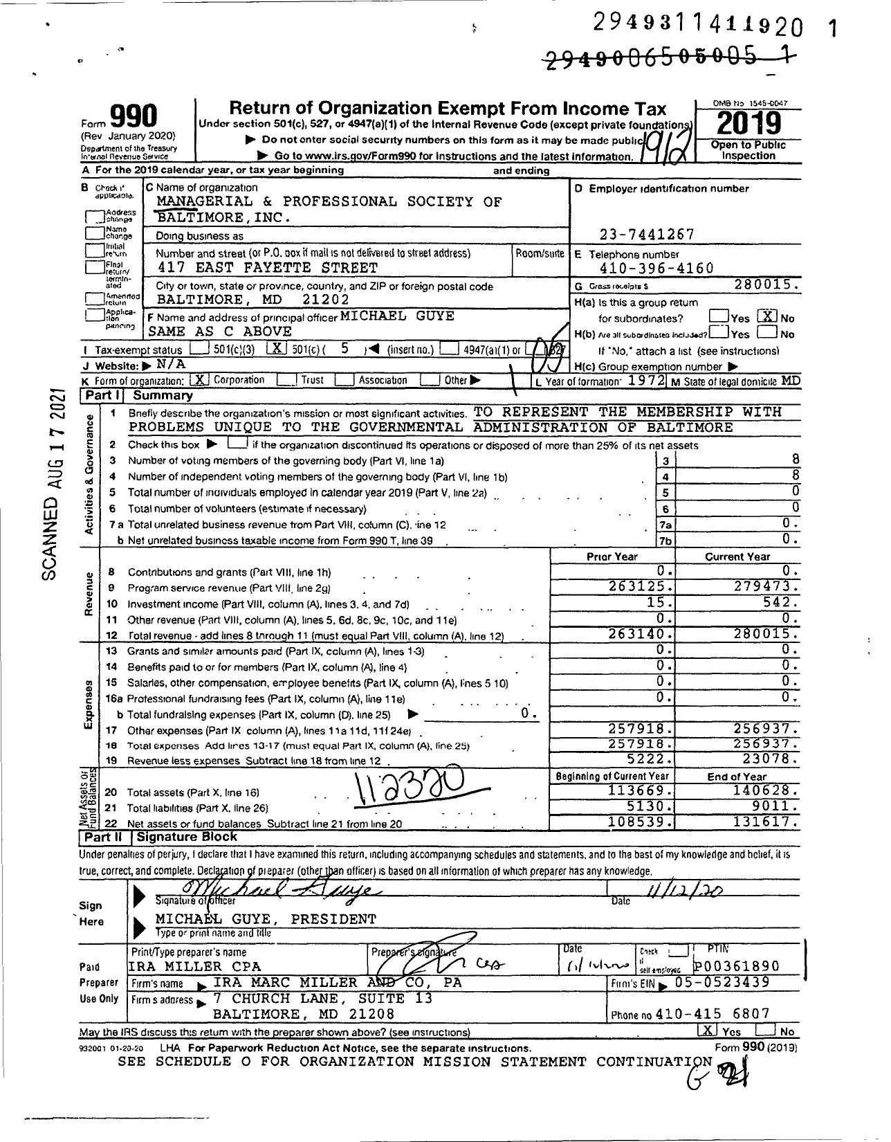 Image of first page of 2019 Form 990O for Managerial and Professional Society of Baltimore