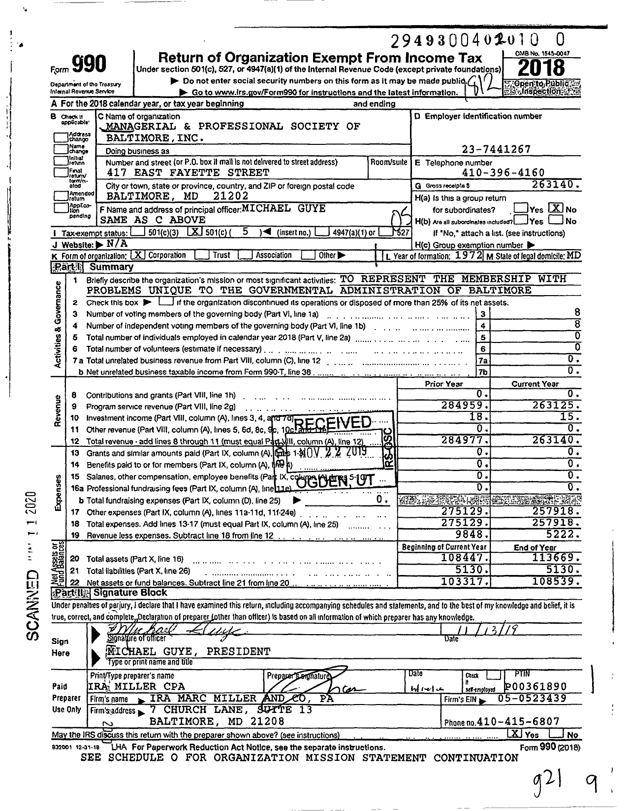 Image of first page of 2018 Form 990O for Managerial and Professional Society of Baltimore