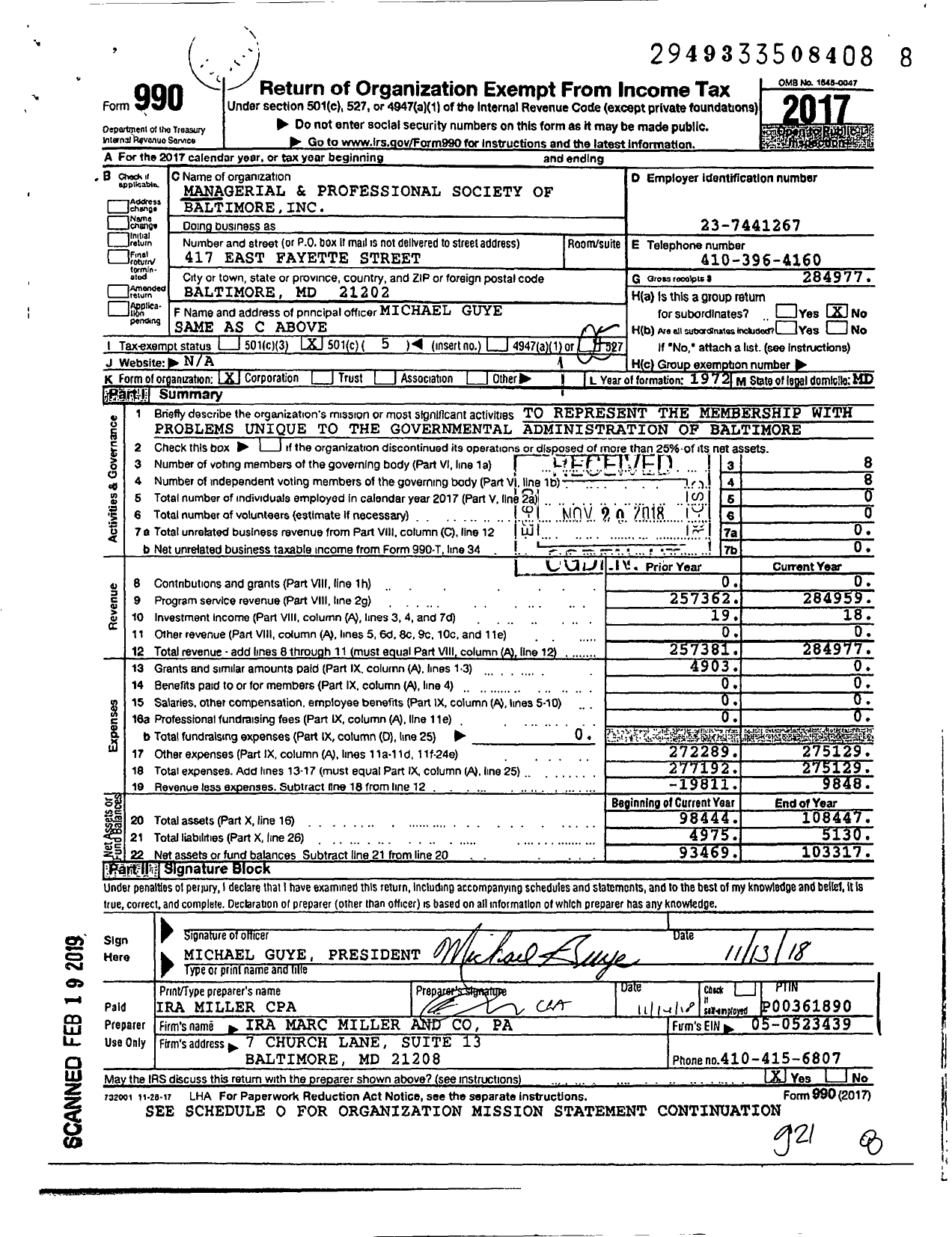 Image of first page of 2017 Form 990O for Managerial and Professional Society of Baltimore