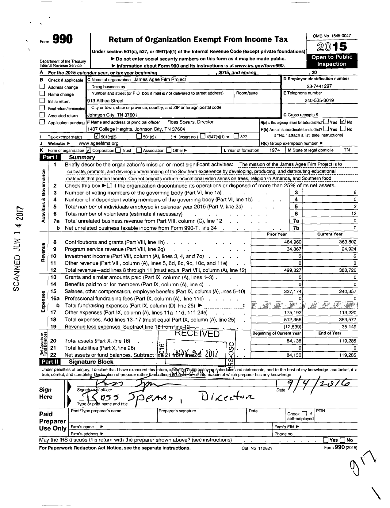 Image of first page of 2015 Form 990 for James Agee Film Project