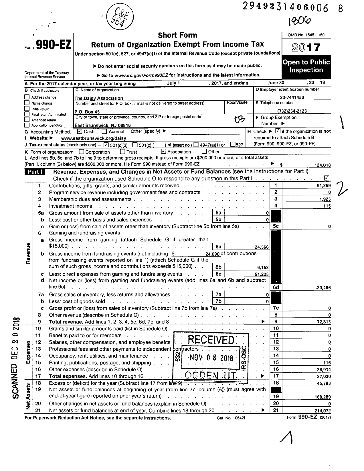 Image of first page of 2017 Form 990EZ for The Daisy Association