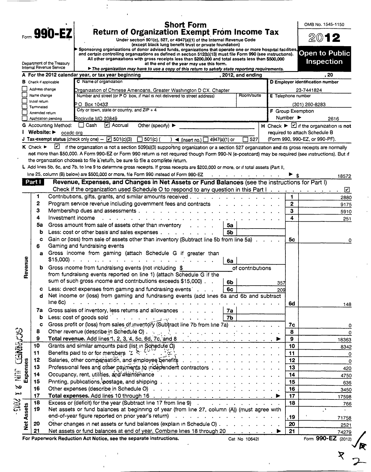 Image of first page of 2012 Form 990EZ for Organization of Chinese Americans / Greater Washington DC Chapter