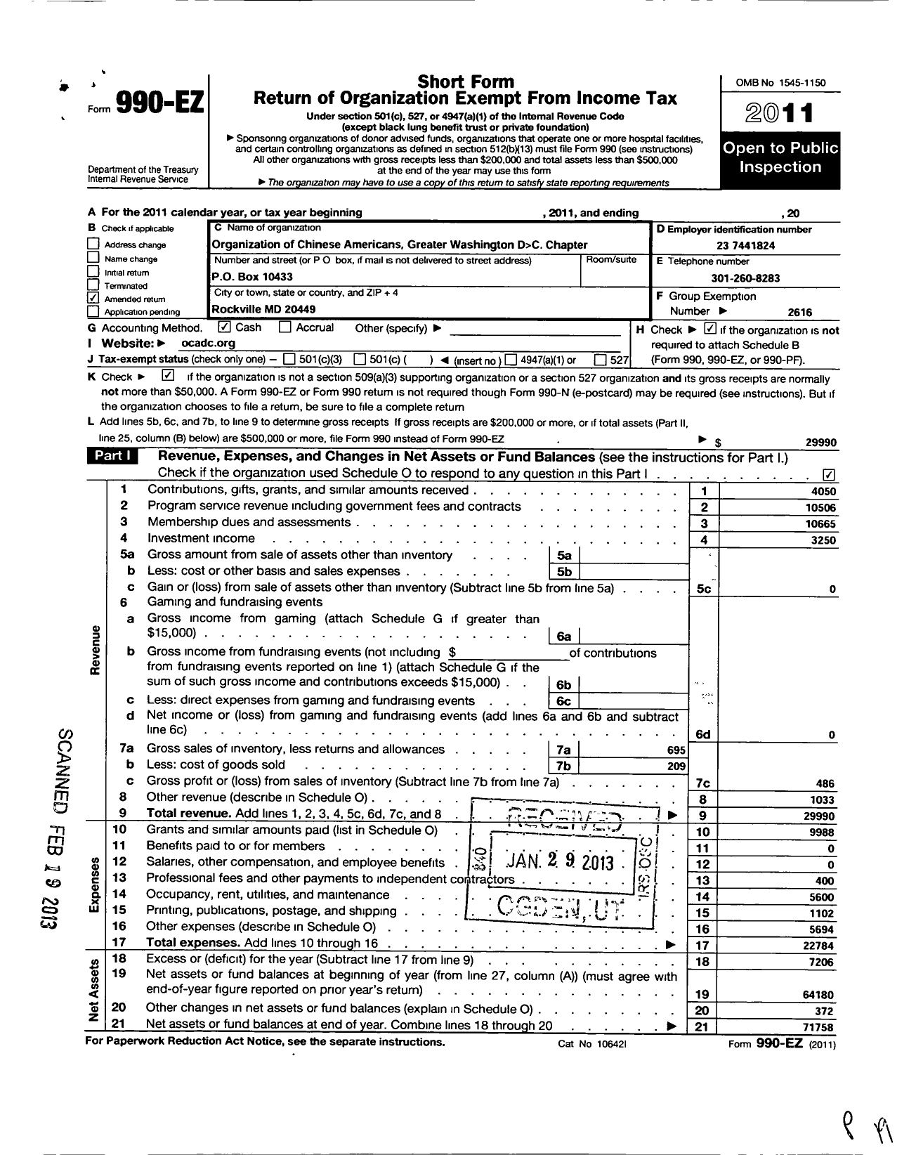 Image of first page of 2011 Form 990EO for Organization of Chinese Americans / Greater Washington DC Chapter