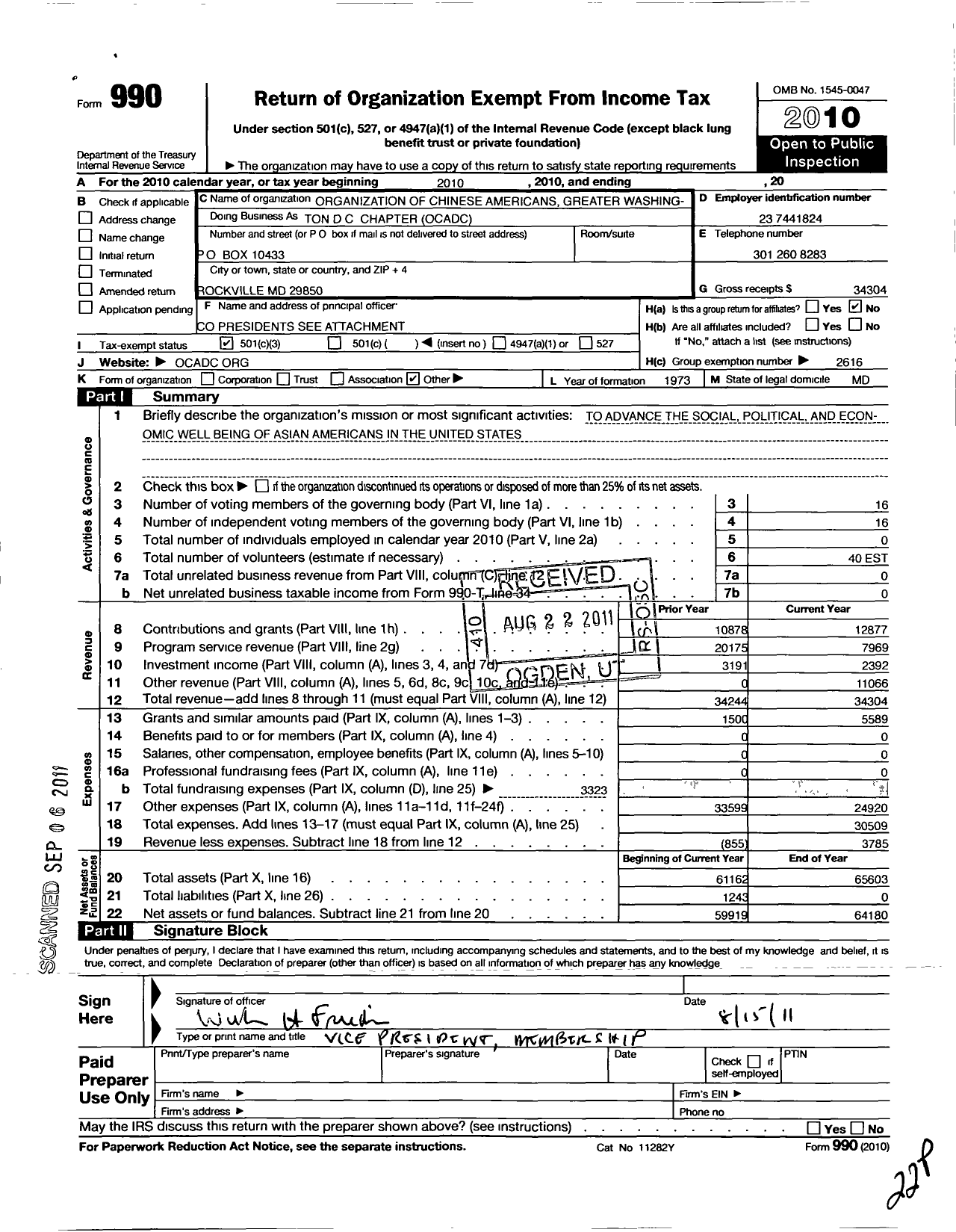 Image of first page of 2010 Form 990 for Organization of Chinese Americans / Greater Washington DC Chapter