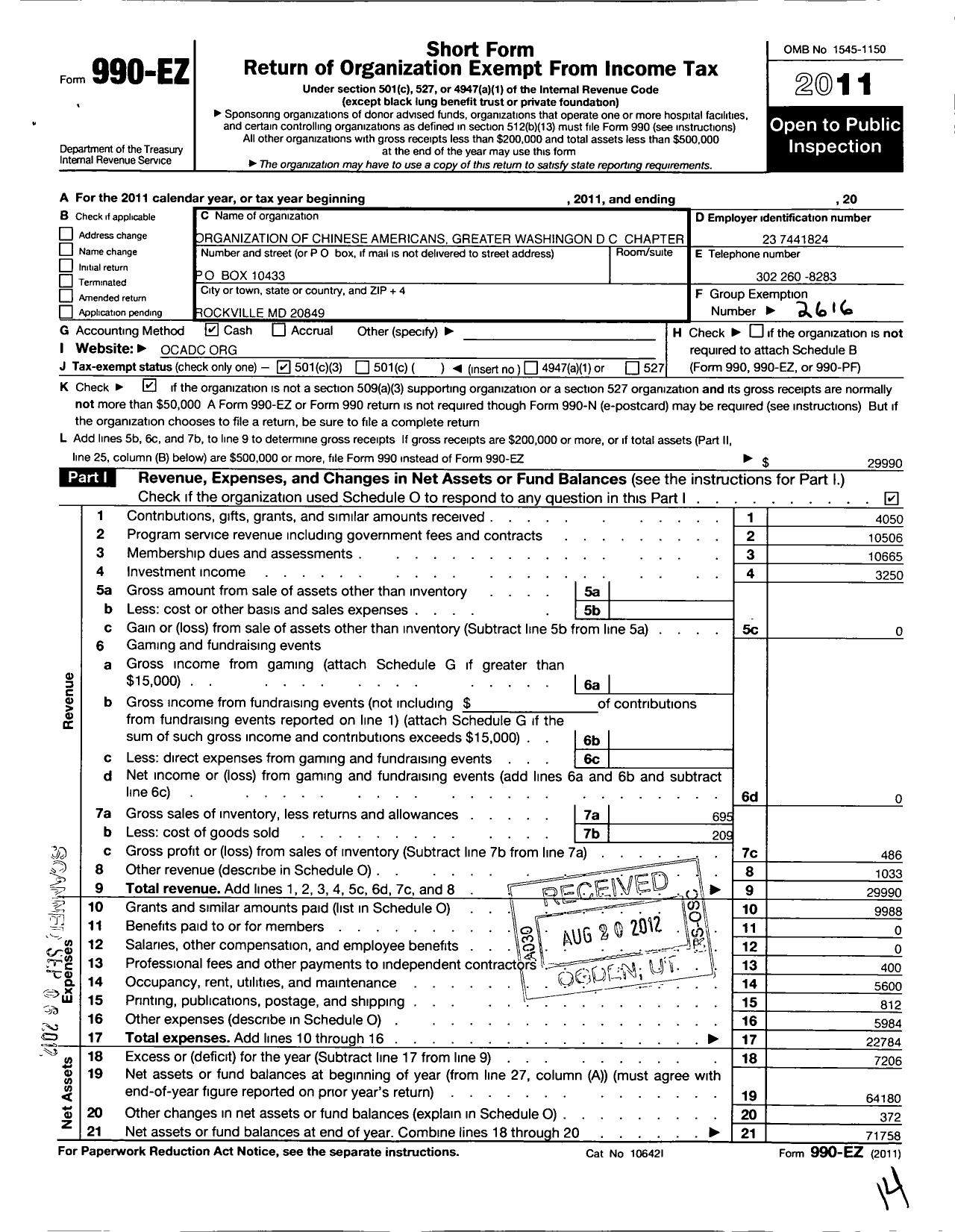 Image of first page of 2011 Form 990EZ for Organization of Chinese Americans / Greater Washington DC Chapter