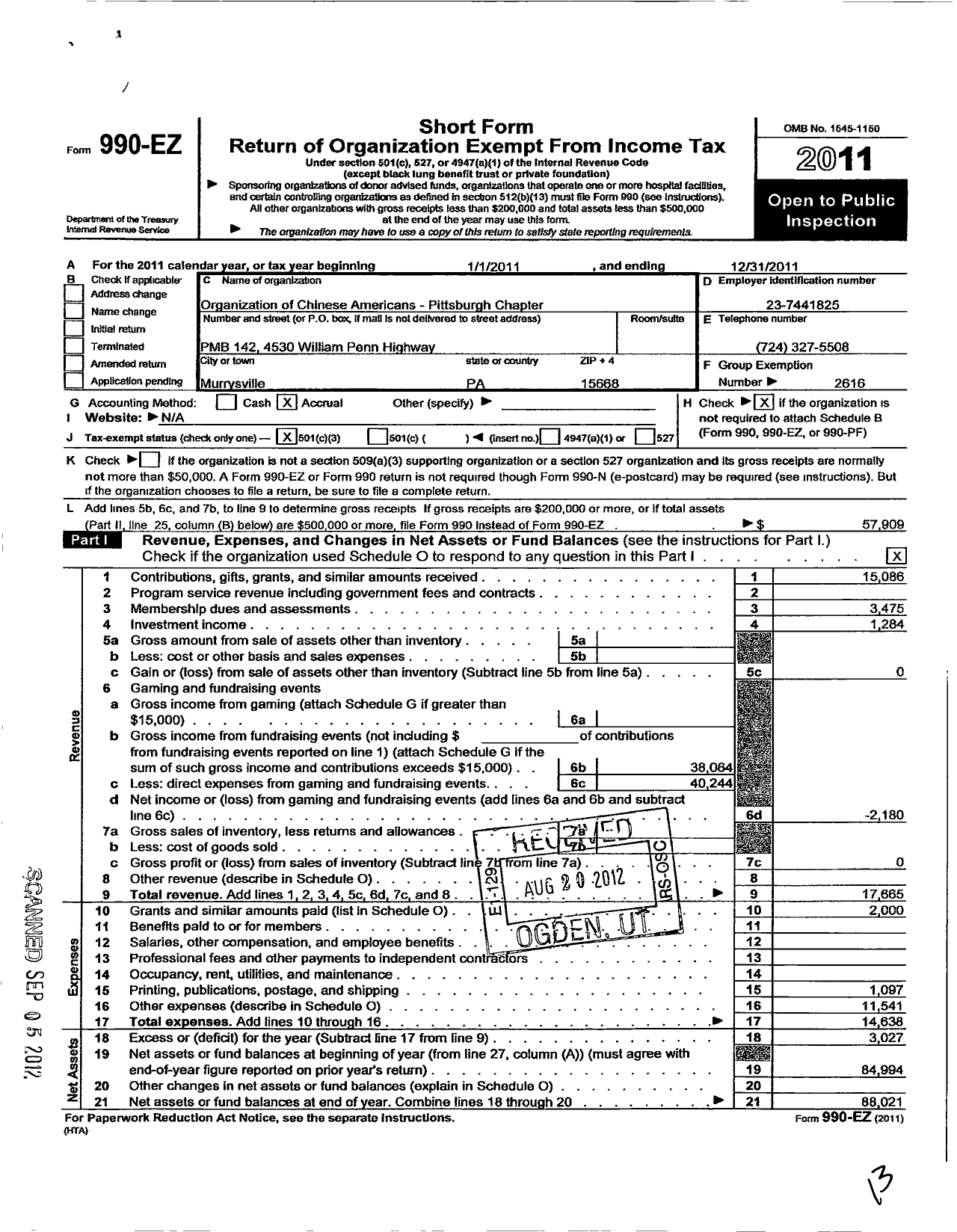 Image of first page of 2011 Form 990EZ for Organization of Chinese Americans / Pittsburgh Chapter