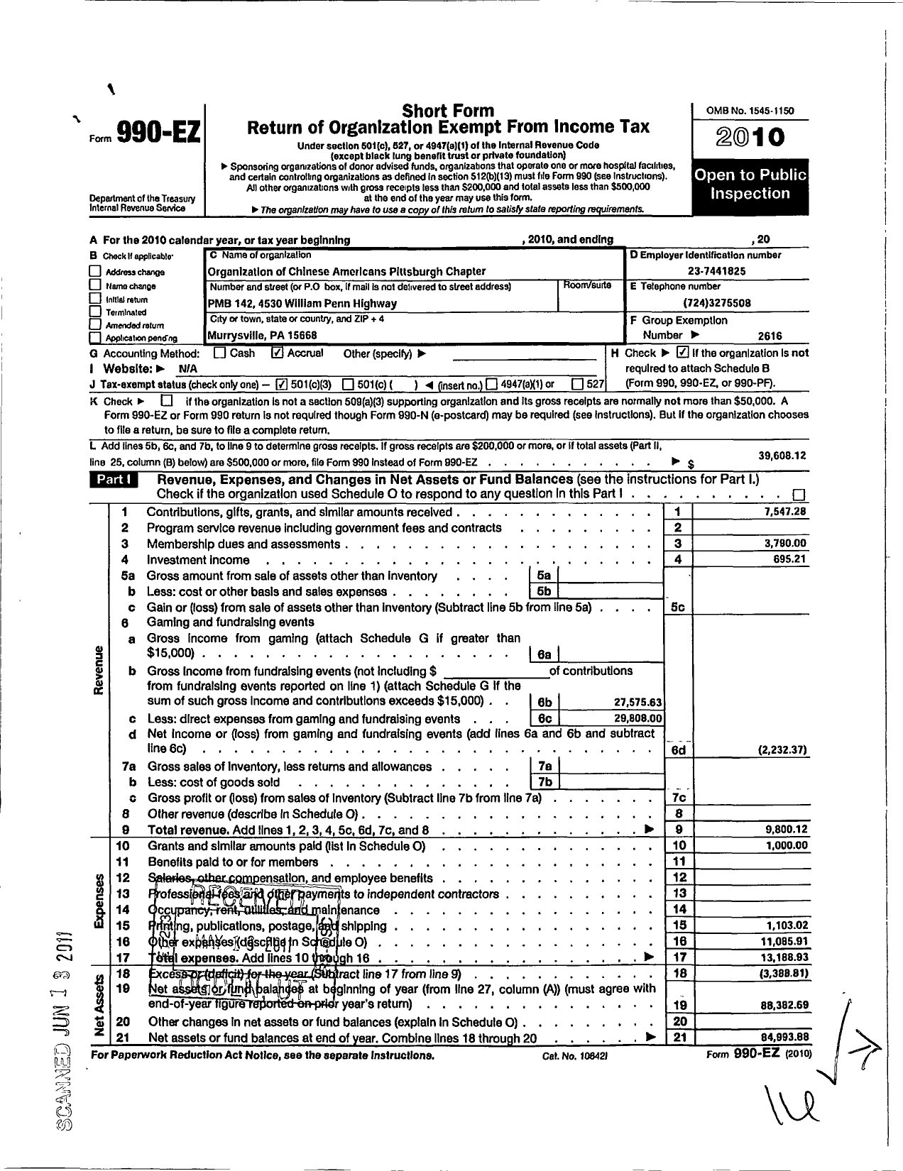 Image of first page of 2010 Form 990EZ for Organization of Chinese Americans / Pittsburgh Chapter