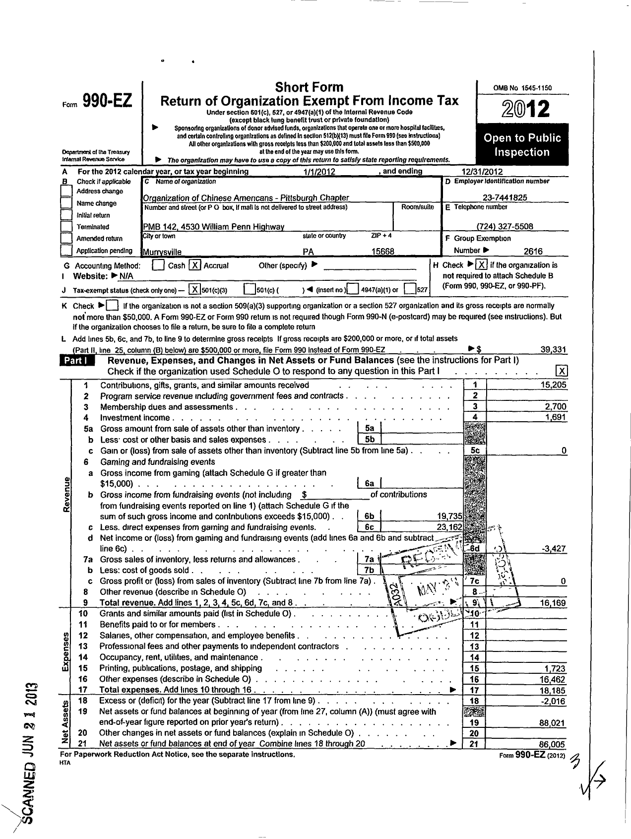 Image of first page of 2012 Form 990EZ for Organization of Chinese Americans / Pittsburgh Chapter