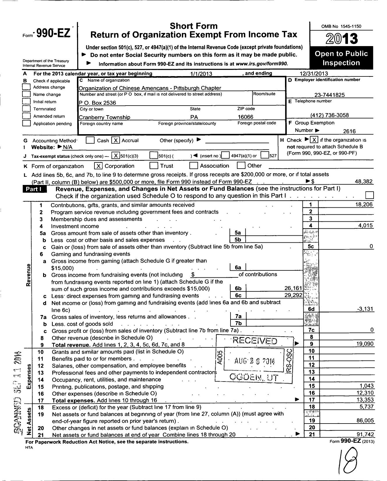 Image of first page of 2013 Form 990EZ for Organization of Chinese Americans / Pittsburgh Chapter