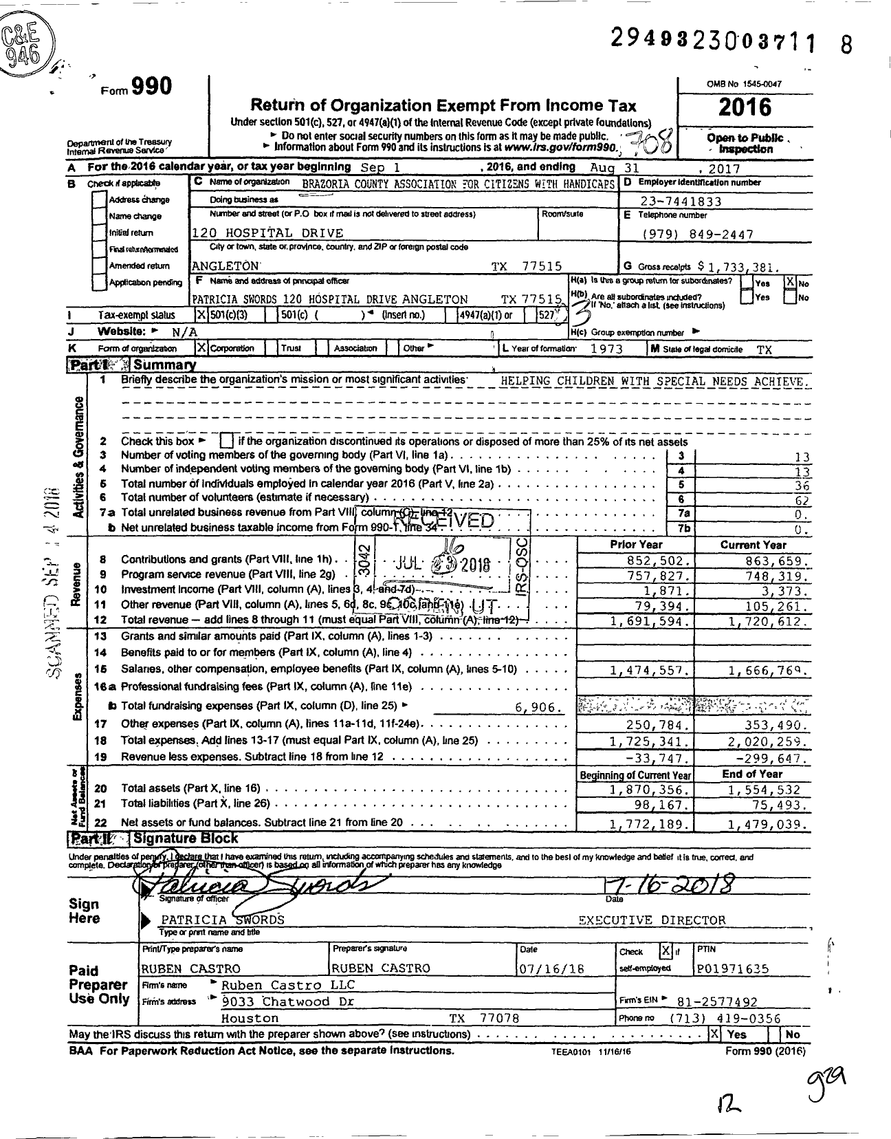 Image of first page of 2016 Form 990 for Brazoria County Association for Children's Habilitation