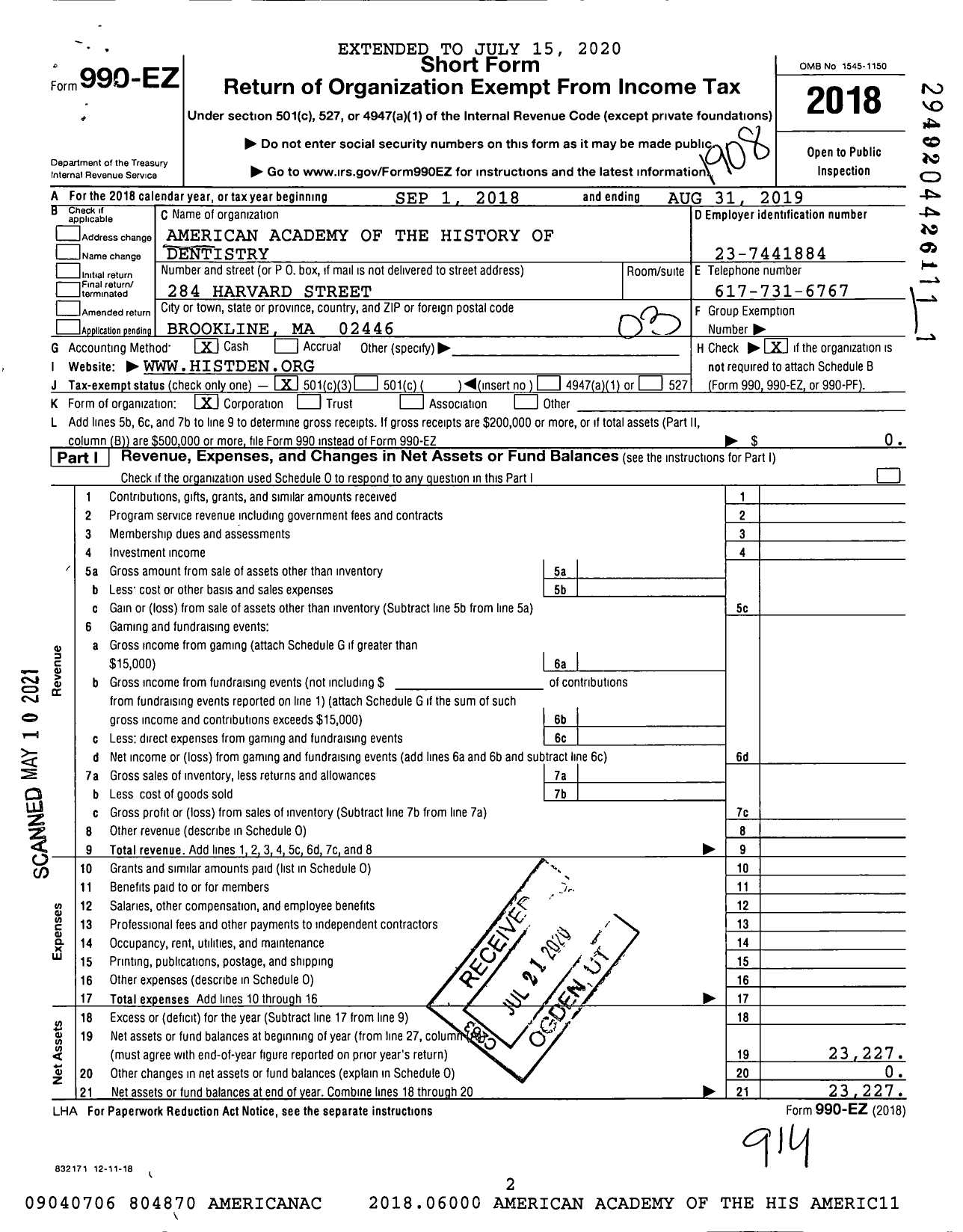 Image of first page of 2018 Form 990EZ for American Academy of the History of Dentistry