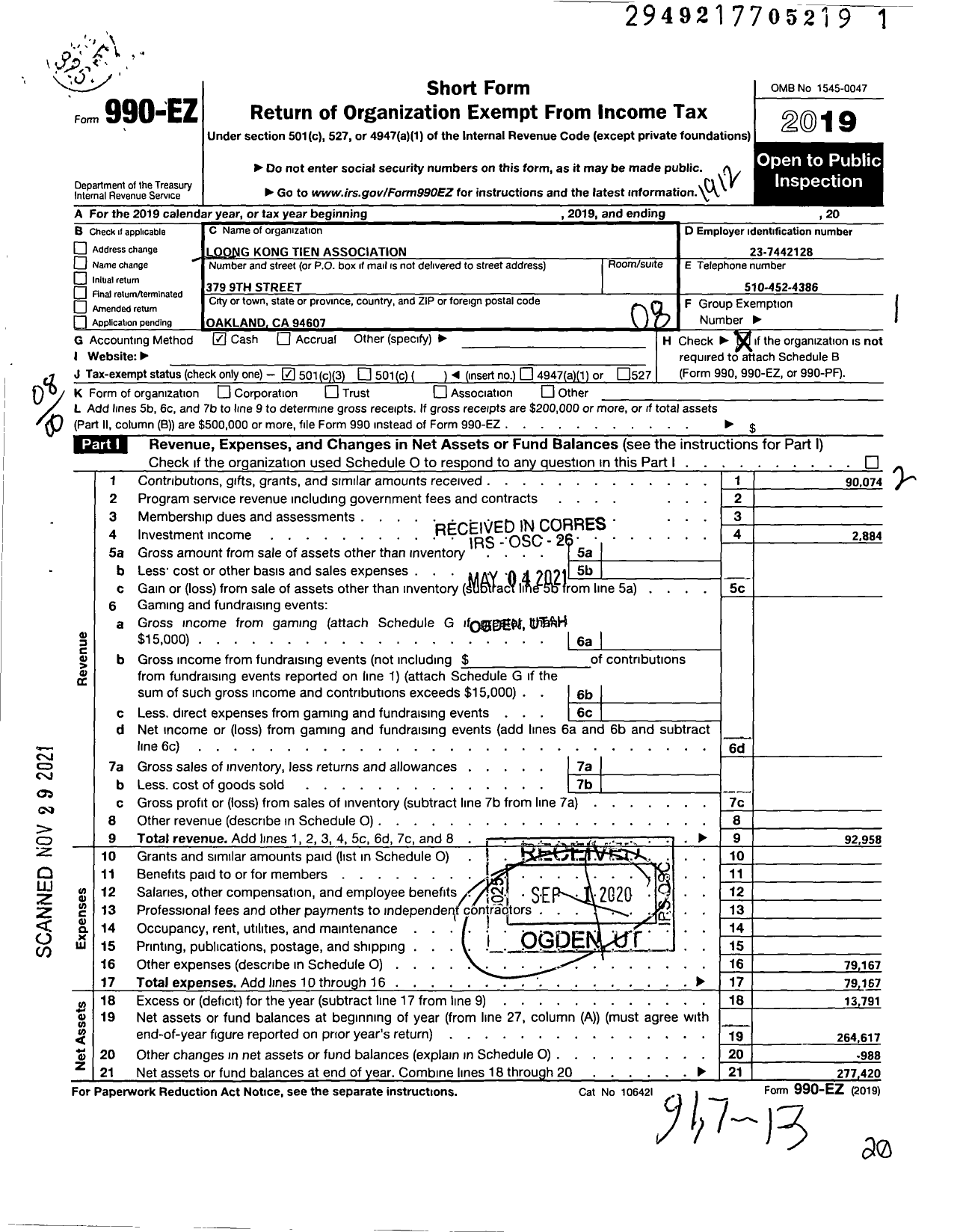 Image of first page of 2019 Form 990EO for Loong Kong Tien Yee Association / Oakland