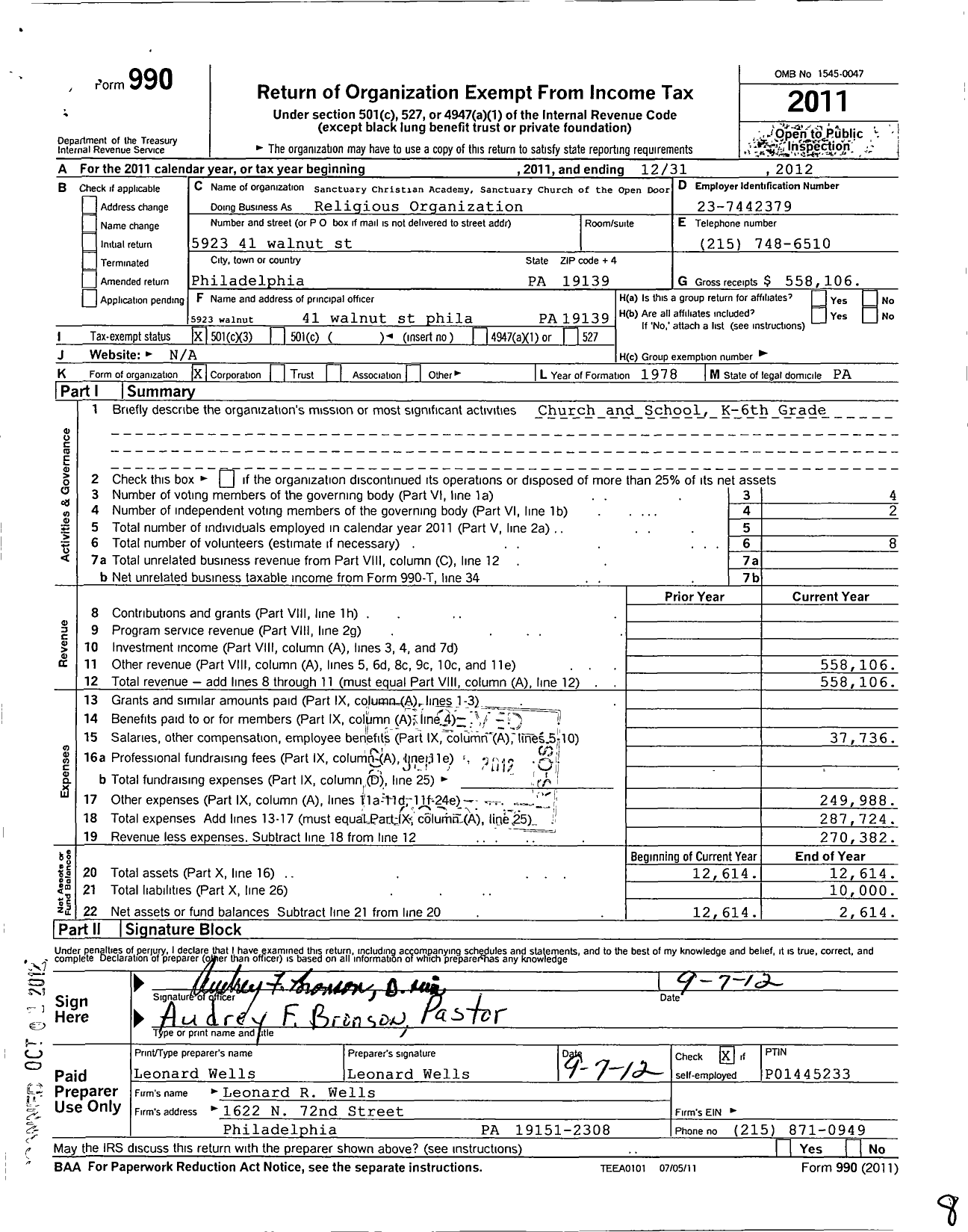 Image of first page of 2012 Form 990 for Sanctuary Church of the Open