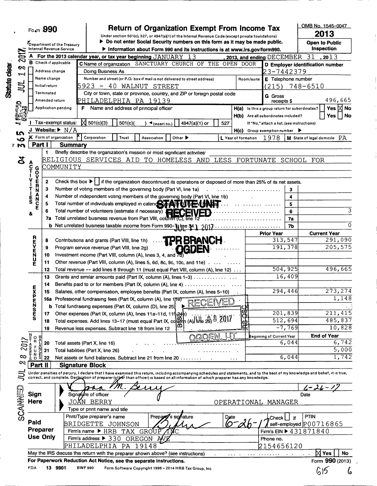 Image of first page of 2013 Form 990 for Sanctuary Church of the Open