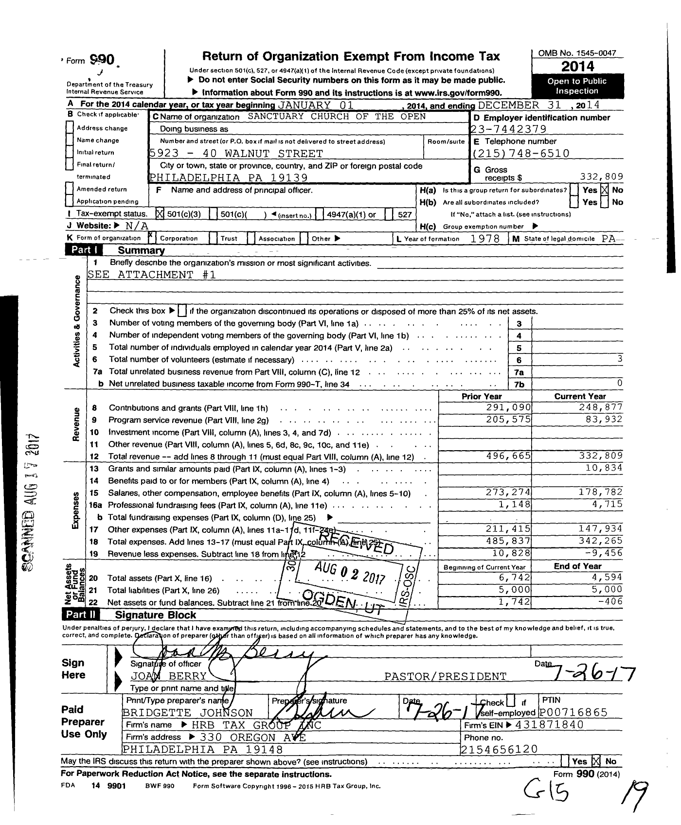 Image of first page of 2014 Form 990 for Sanctuary Church of the Open