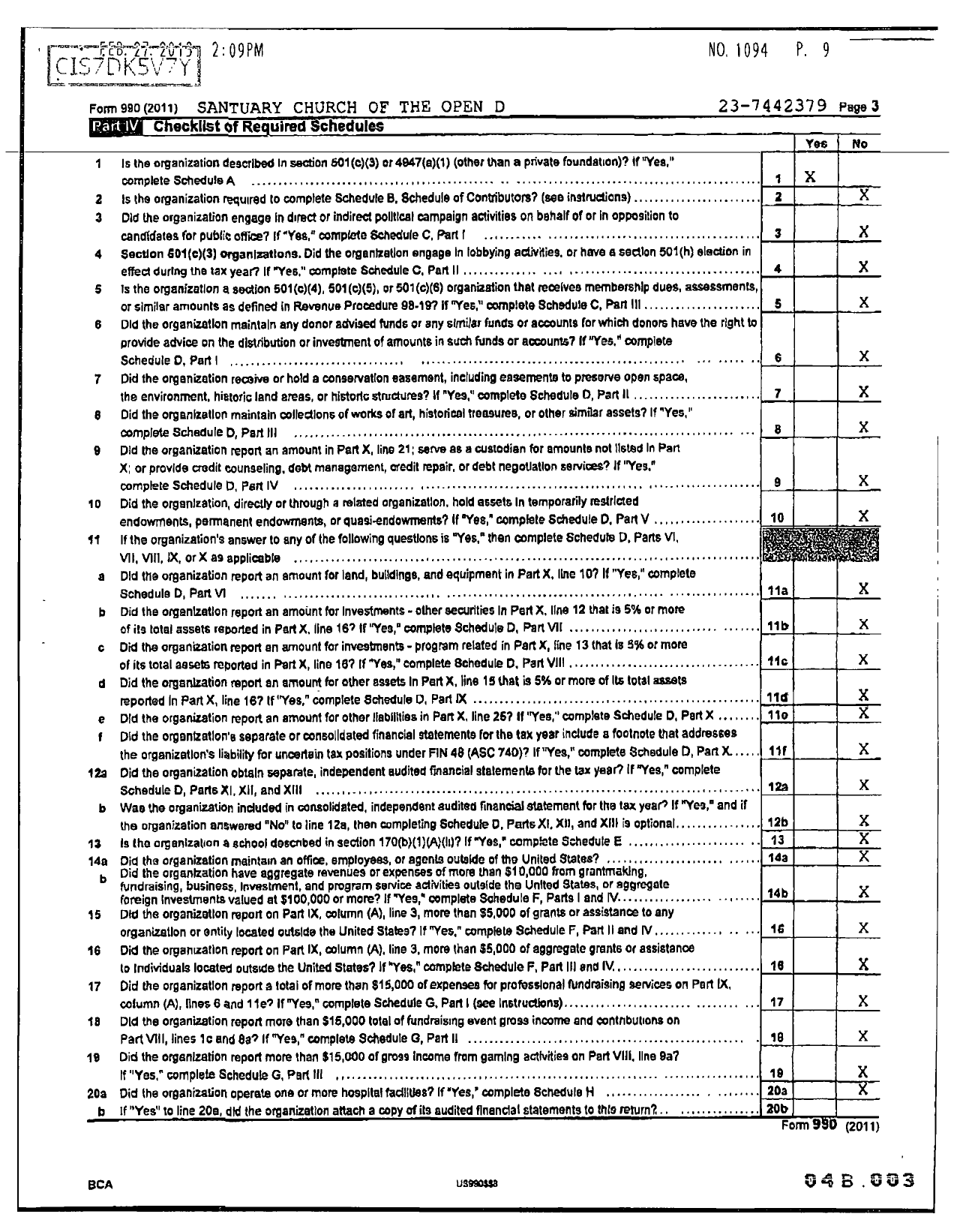 Image of first page of 2011 Form 990R for Sanctuary Church of the Open