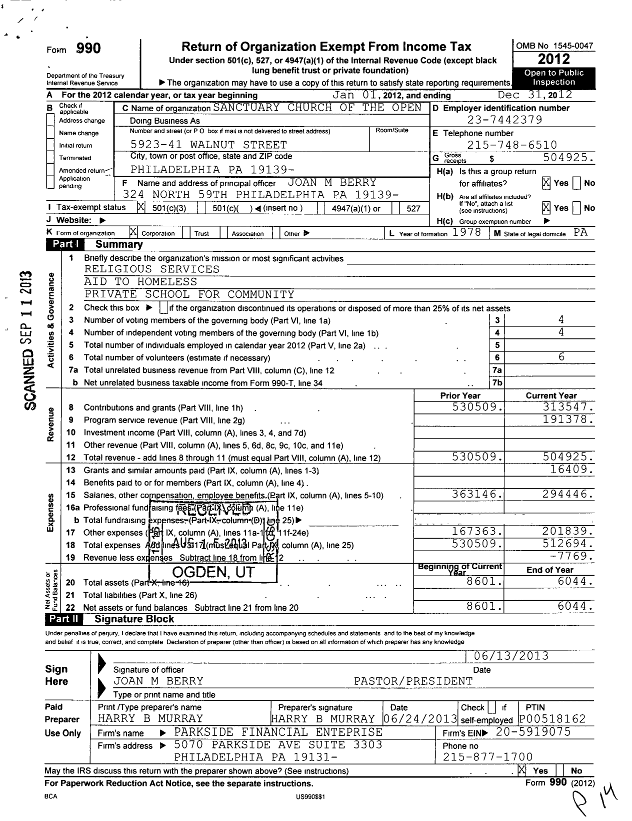 Image of first page of 2012 Form 990 for Sanctuary Church of the Open