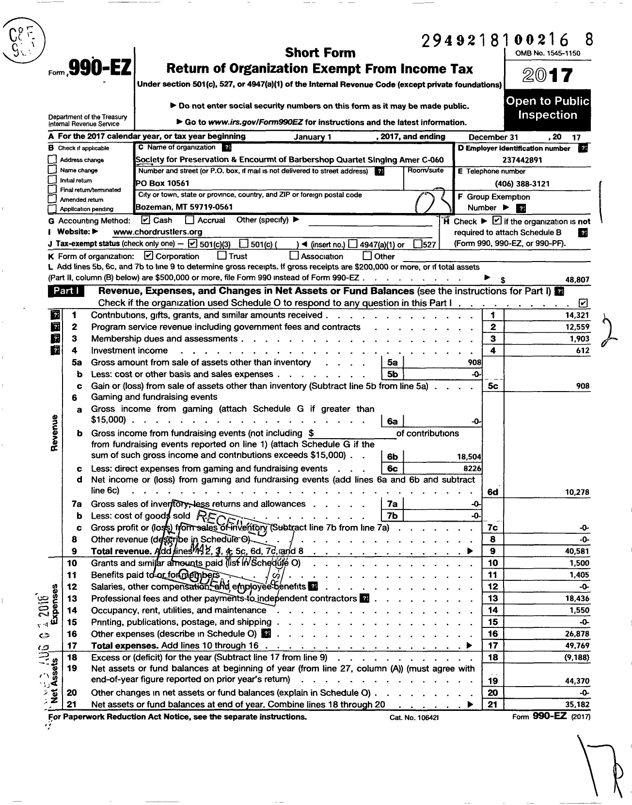 Image of first page of 2017 Form 990EZ for Barbershop Harmony Society - C060 Bozeman