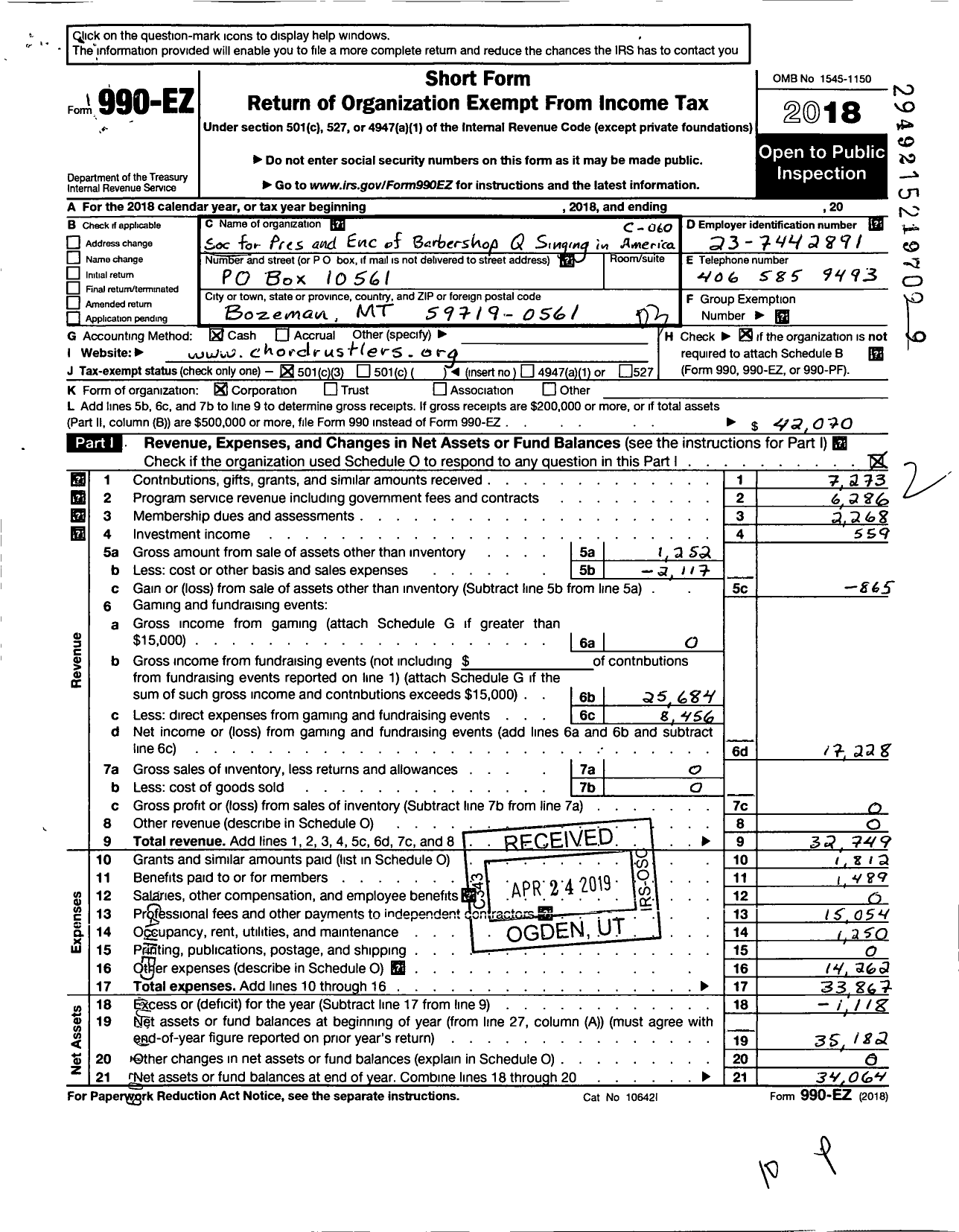 Image of first page of 2018 Form 990EZ for Barbershop Harmony Society - C060 Bozeman